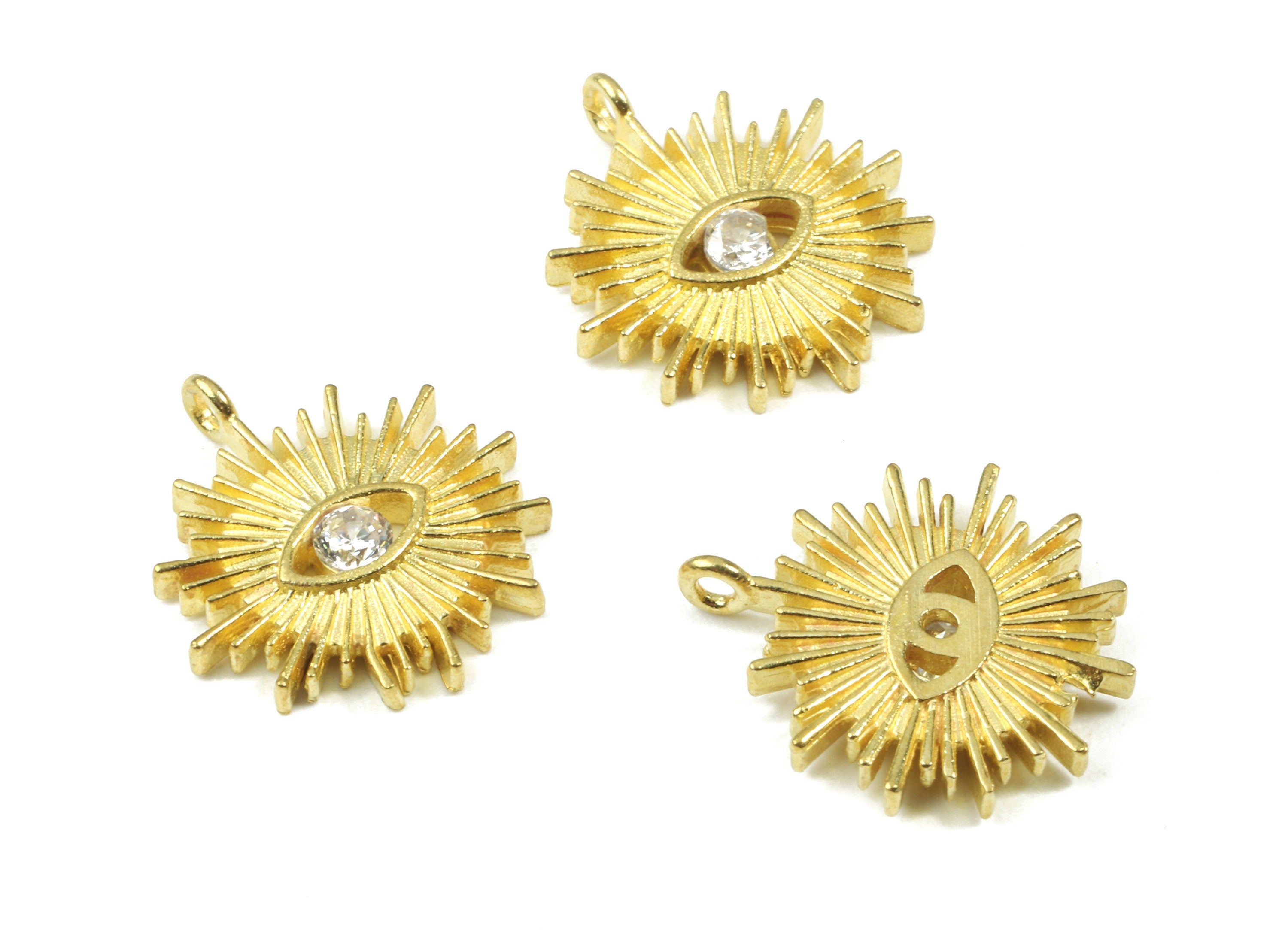 Brass Sun Eye Earring Charm With Zincon - Raw Brass Sun Eye Pendant - Earring Findings - Jewelry Supplies - 16.87x14.92x2.17mm - PP3089 - DOMEDBAZAAR