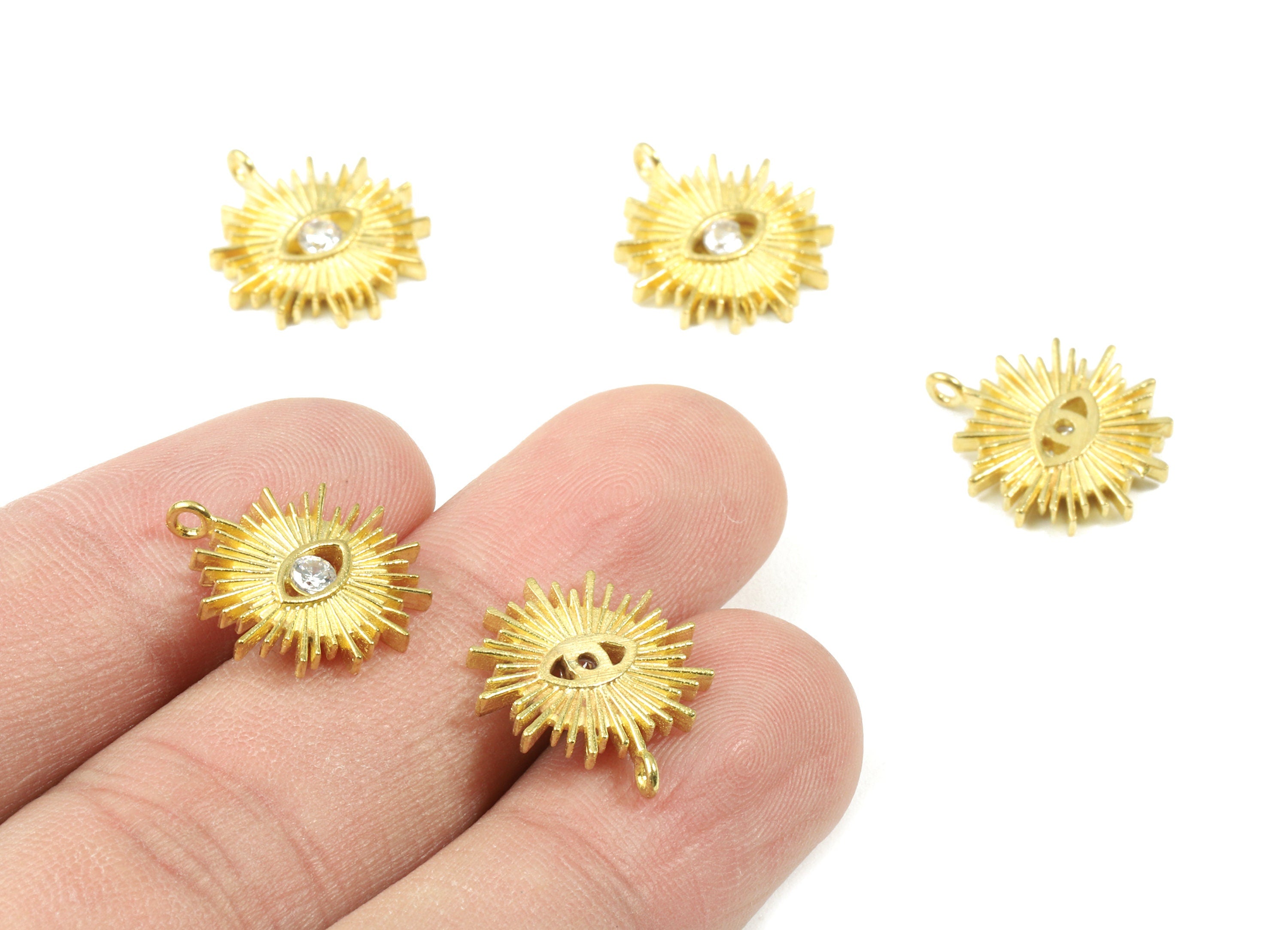Brass Sun Eye Earring Charm With Zincon - Raw Brass Sun Eye Pendant - Earring Findings - Jewelry Supplies - 16.87x14.92x2.17mm - PP3089 - DOMEDBAZAAR