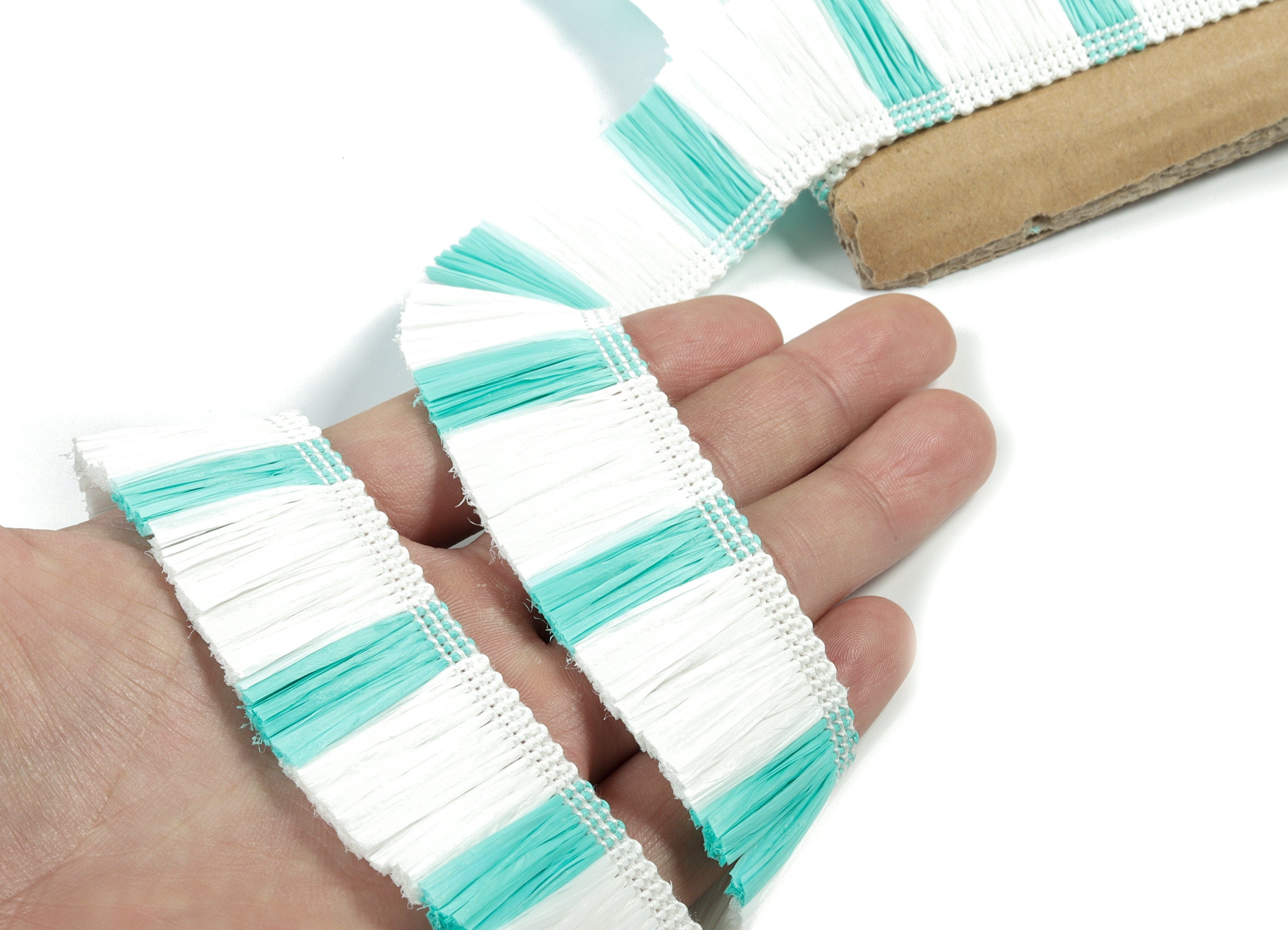 Raffia Tassels Strip - Natural Raffia Grass -  White Green Color Raffia Tassel Skirt - Jewelry Accessories - 25x2.8mm - RS1067 - DOMEDBAZAAR