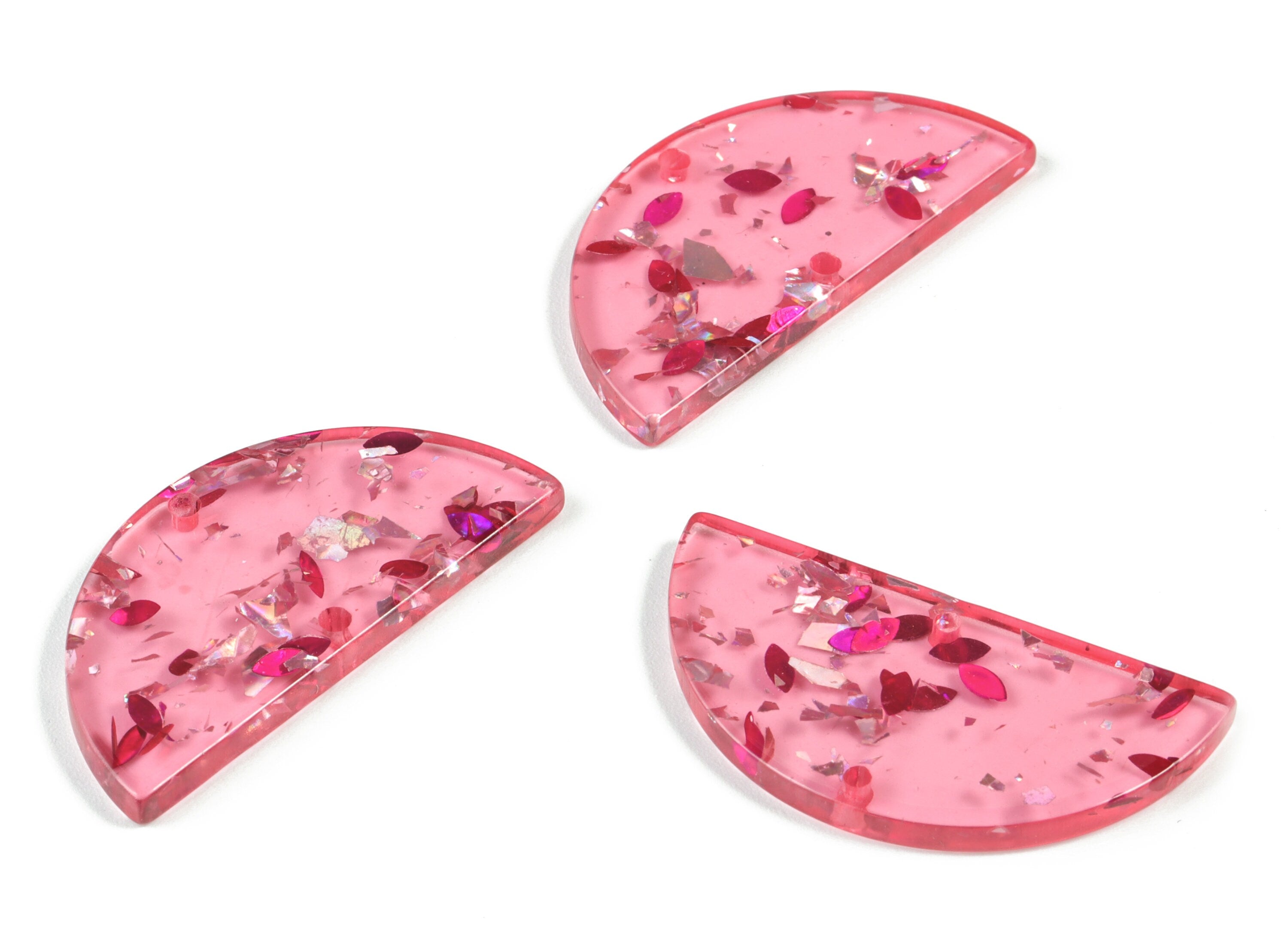Acetate Semicircle Connectors - Red Silver Foil & Confetti Half Moon Earrings Charms - Color Code:A437 - 37.63x18.78x2.41mm - AC1794-A437 - DOMEDBAZAAR