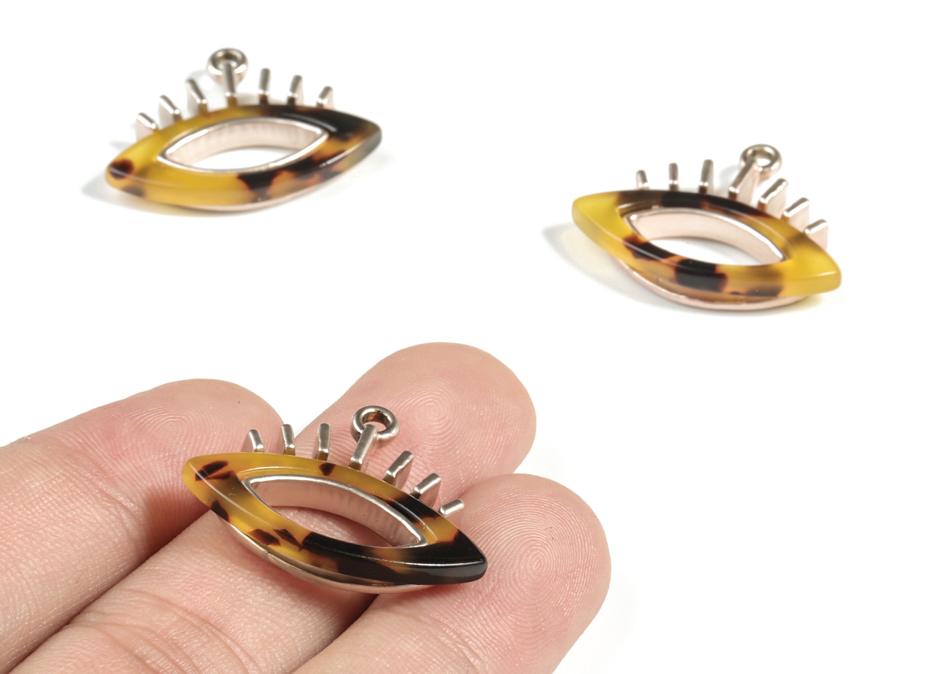 Eyelash Earring Charms - Tortoise Shell Acetate Eye Charms - Matte Rose Tone Plated Alloy Eye Charms - 28x22x4mm - AC1846-A02MR - DOMEDBAZAAR