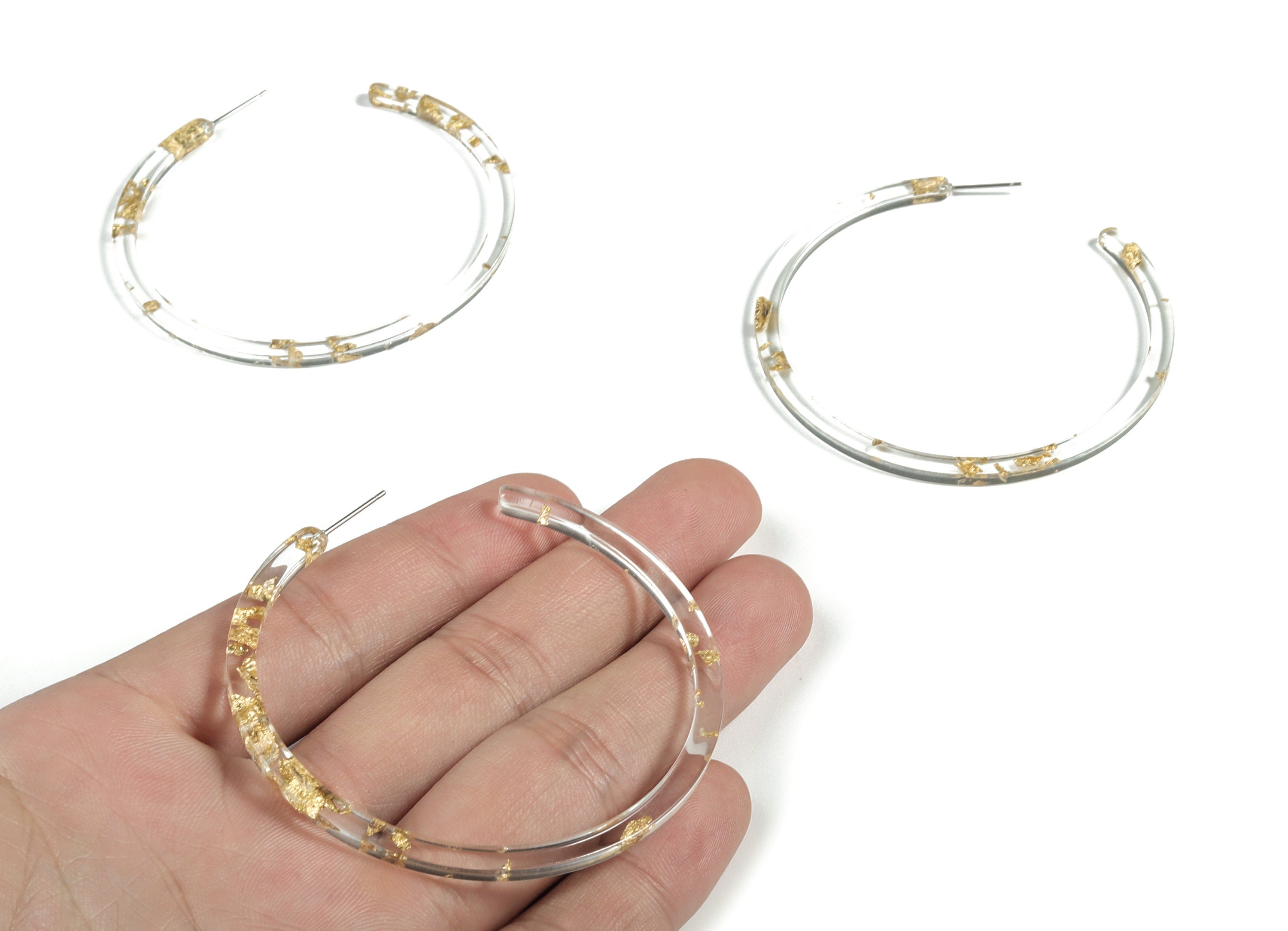 Open Hoop Earrings Stud - 2.5 inch Hoop Earring - Gold Foil Clear Acetate Round Earring Post - Color Code: A255 - 66x4x3mm - AC1307-A255 - DOMEDBAZAAR