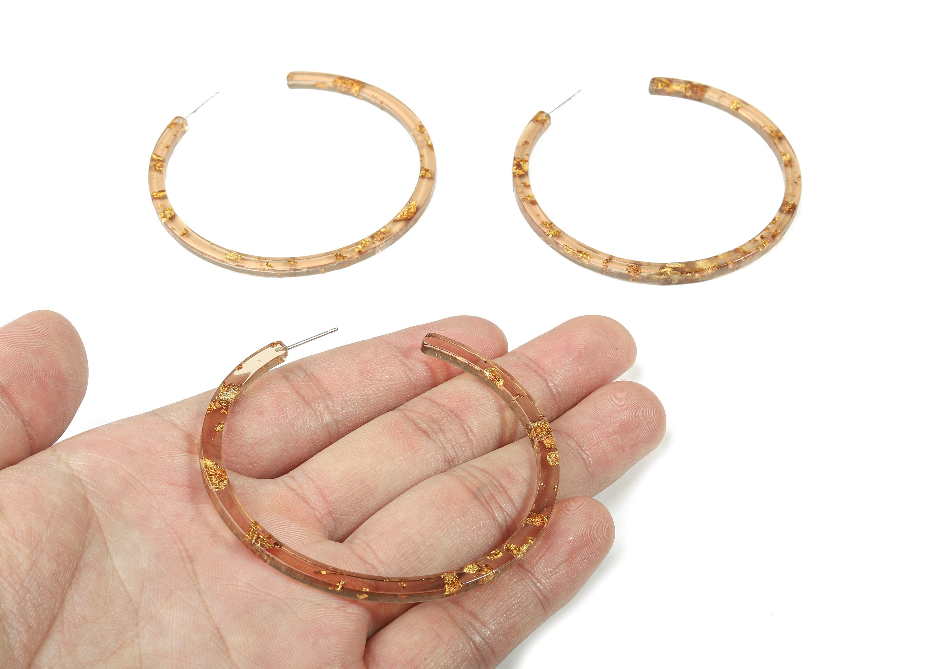 Open Hoop Earrings Stud - 2.5 inch Hoop Earring - Gold Brown Foil Clear Acetate Round Post - Color Code: A434 - 66x4x3mm - AC1307-A434 - DOMEDBAZAAR