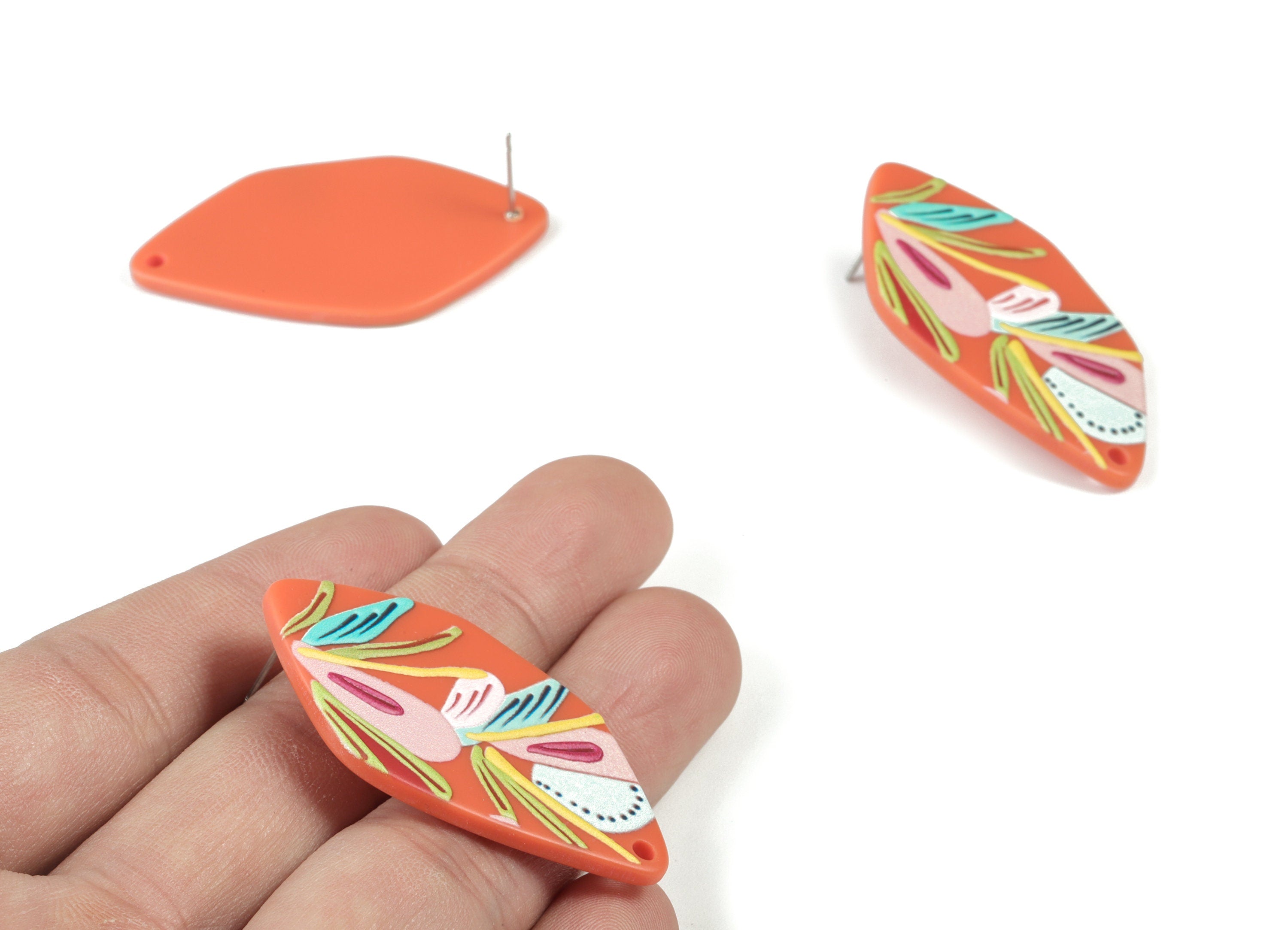 Acrylic Flower Earring Stud - Printing Geometric Earring Post - 316 Stainless Steel Post - Jewelry Supplies - 45.44x25.98x2.77mm - AC2152 - DOMEDBAZAAR