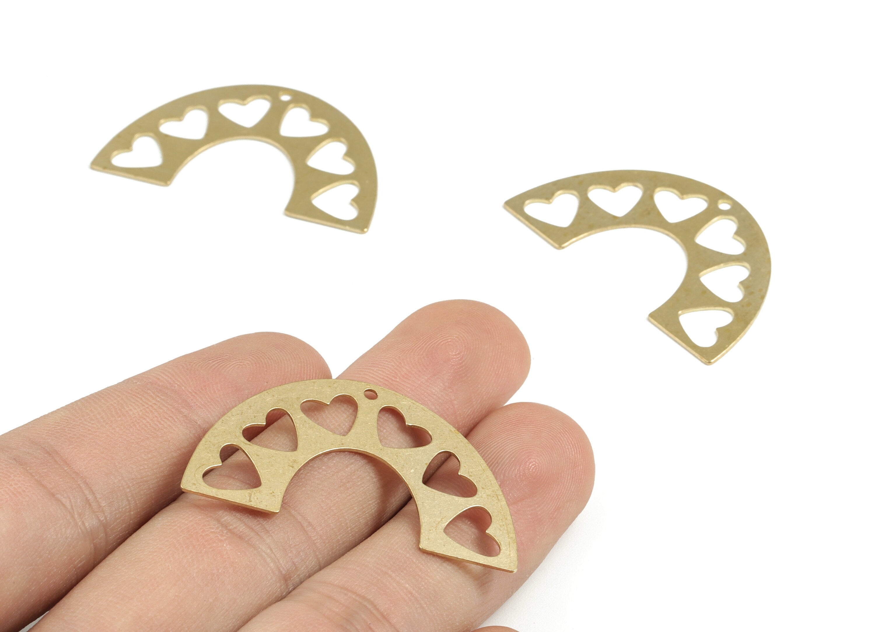 Brass Half Moon Hearts Pendant - Semi Circle Heart Earring Charms - Jewelry Making Supplies - 39.83x23.53x0.56mm - PP3634 - DOMEDBAZAAR