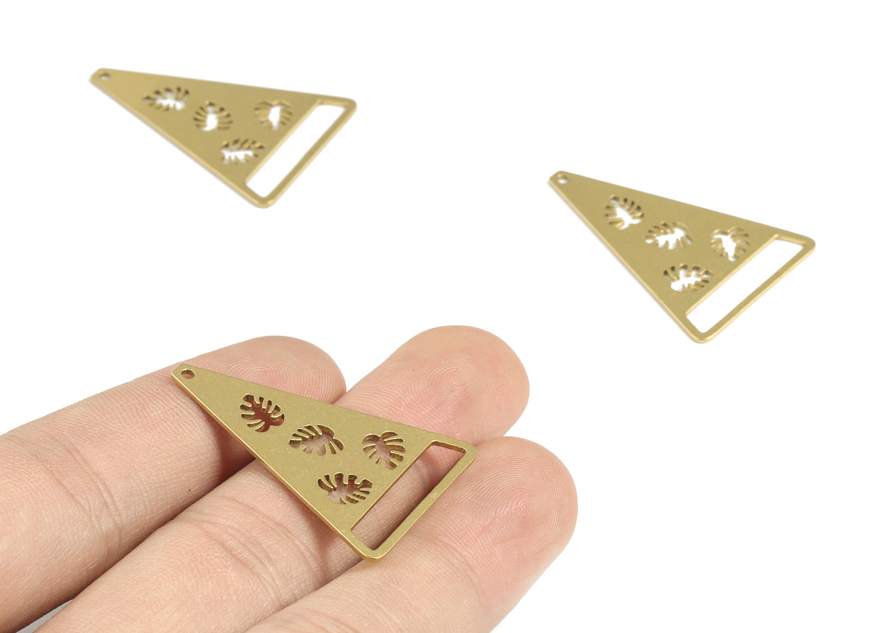 Brass Monsteras Triangle Earring Connector - Raw Brass Triangle Monstera Charms - Jewelry Supplies - 35.09x24.36x0.76mm - PPM3084 - DOMEDBAZAAR