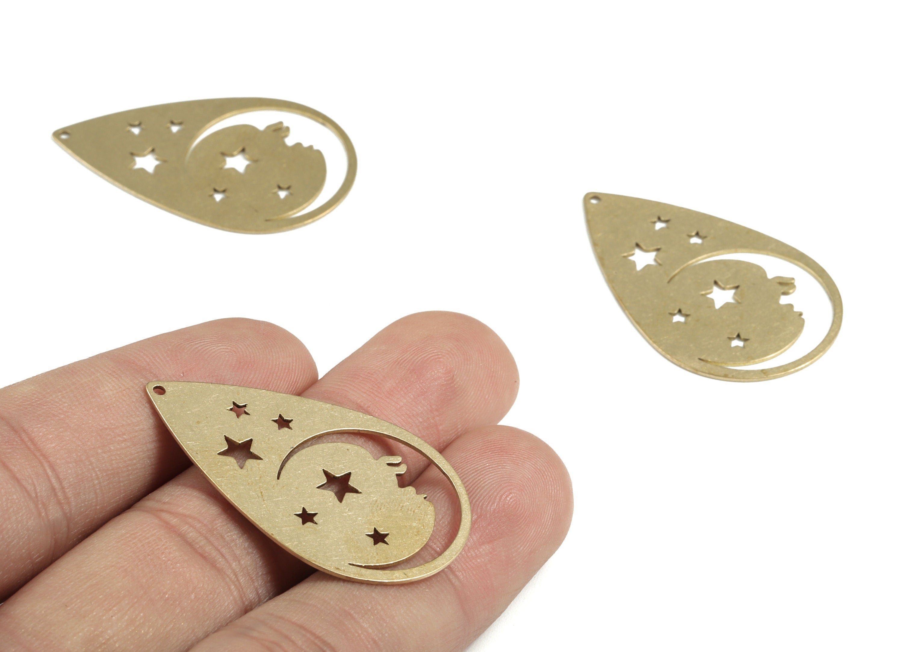 Brass Crescent Face Stars Earring Charms - Raw Brass Drop Stars Moon Pendant - Jewelry Supplies - 37.85x24.42x0.6mm - PPM4046 - DOMEDBAZAAR