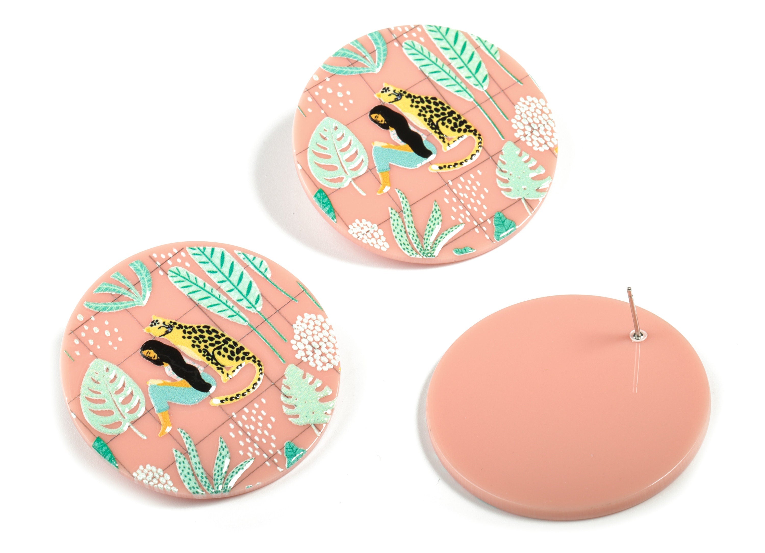 Acrylic Round Earring Post - Acrylic Leopard Round Earring Stud - 316 Stainless Steel - Jewelry Supplies - 40.31x40.31x2.51mm - AC2167 - DOMEDBAZAAR