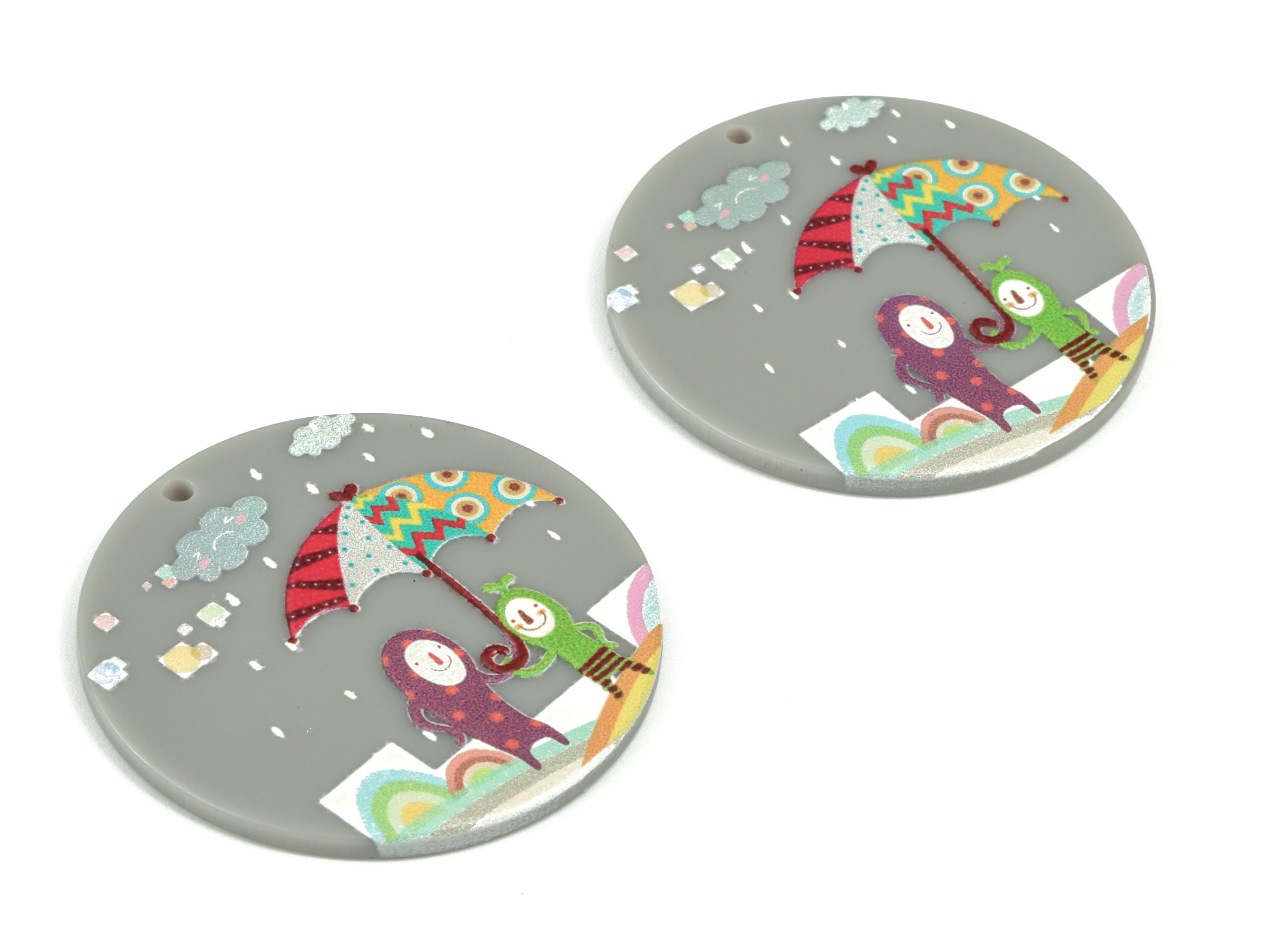 Acrylic Round Earring Charms - Acrylic Boy With Umbrella Clouds Round Pandant - Jewelry Supplies - 39.7x39.85x2.29mm - AC2160 - DOMEDBAZAAR