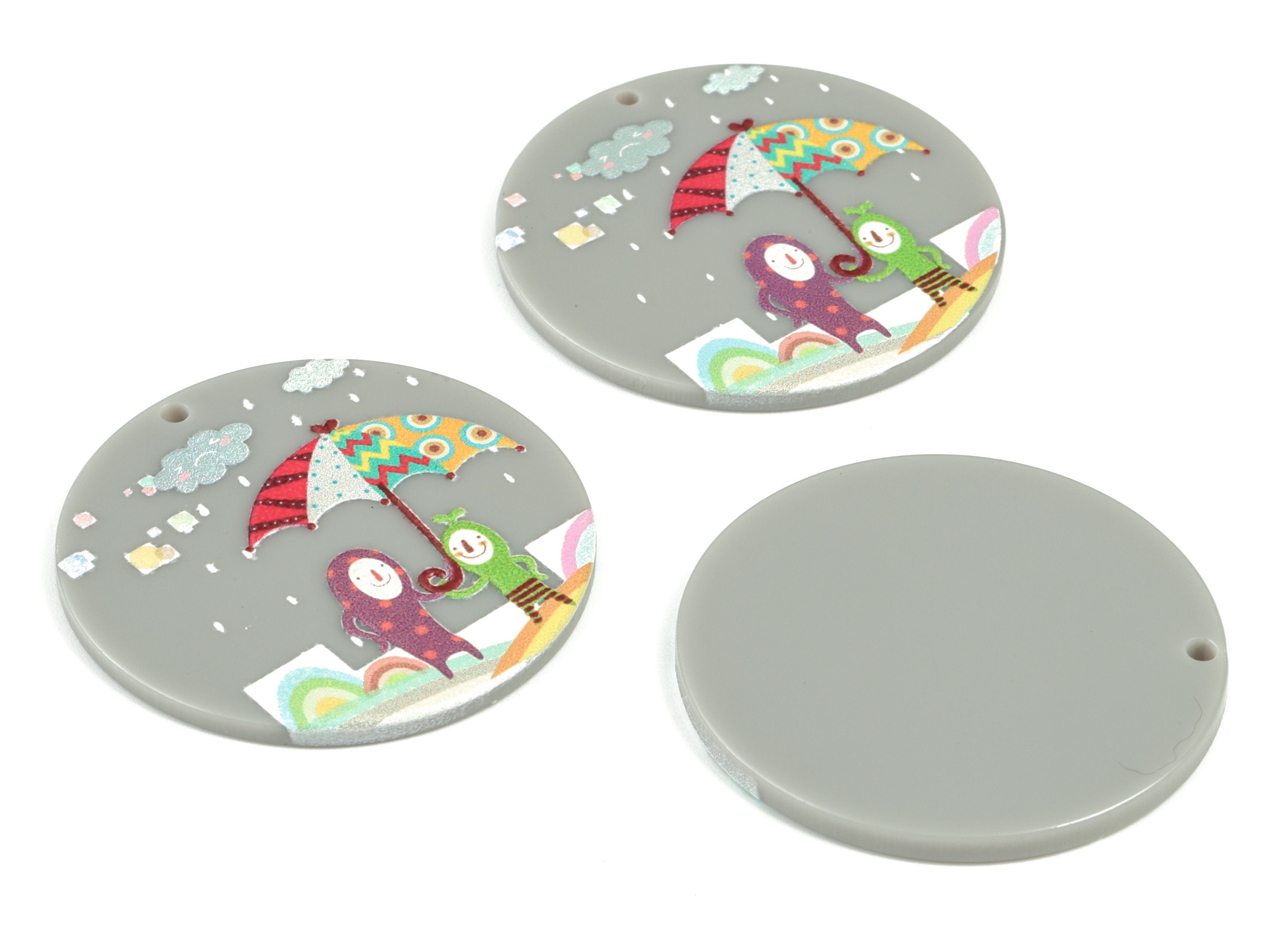Acrylic Round Earring Charms - Acrylic Boy With Umbrella Clouds Round Pandant - Jewelry Supplies - 39.7x39.85x2.29mm - AC2160 - DOMEDBAZAAR