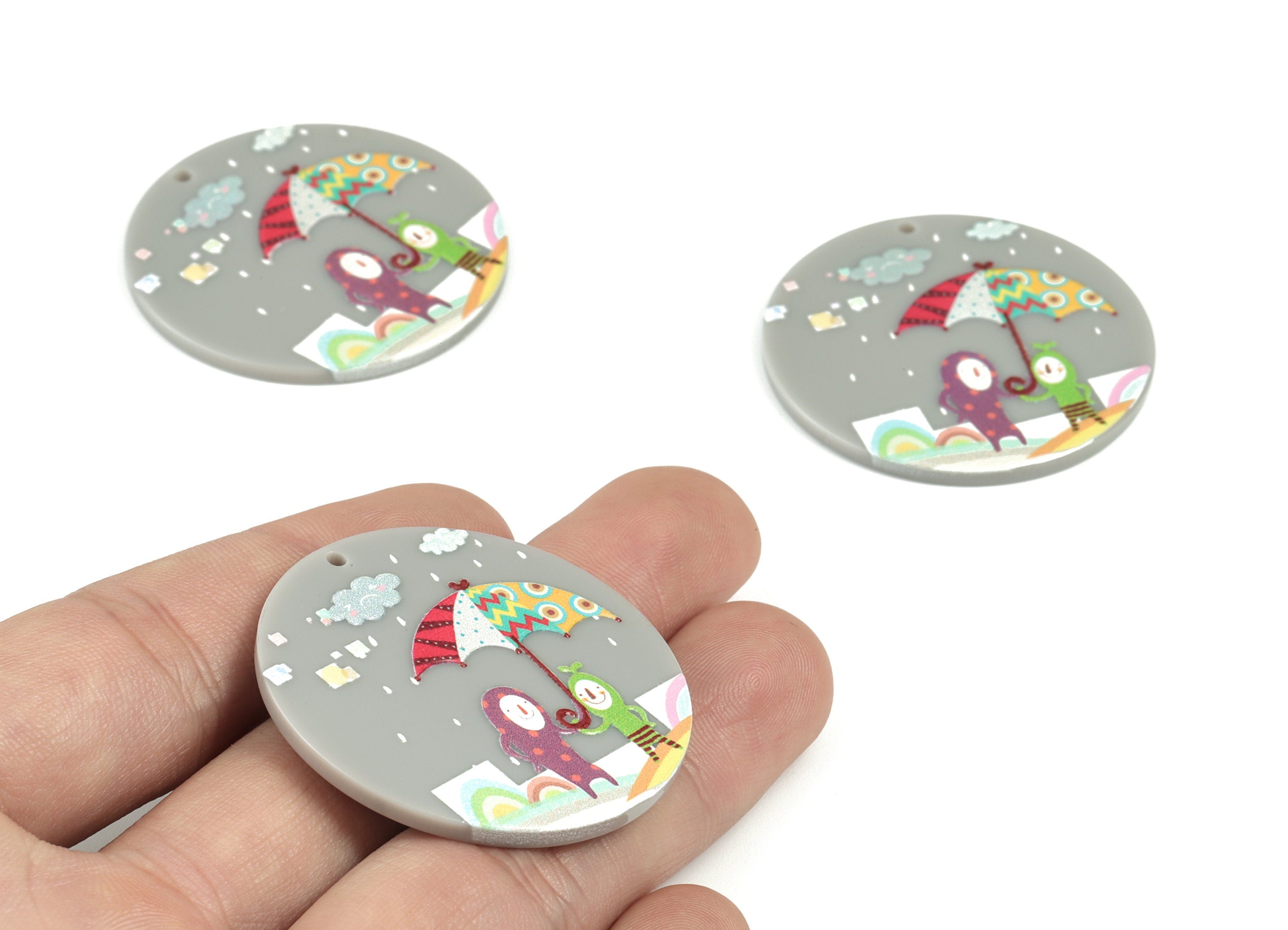 Acrylic Round Earring Charms - Acrylic Boy With Umbrella Clouds Round Pandant - Jewelry Supplies - 39.7x39.85x2.29mm - AC2160 - DOMEDBAZAAR