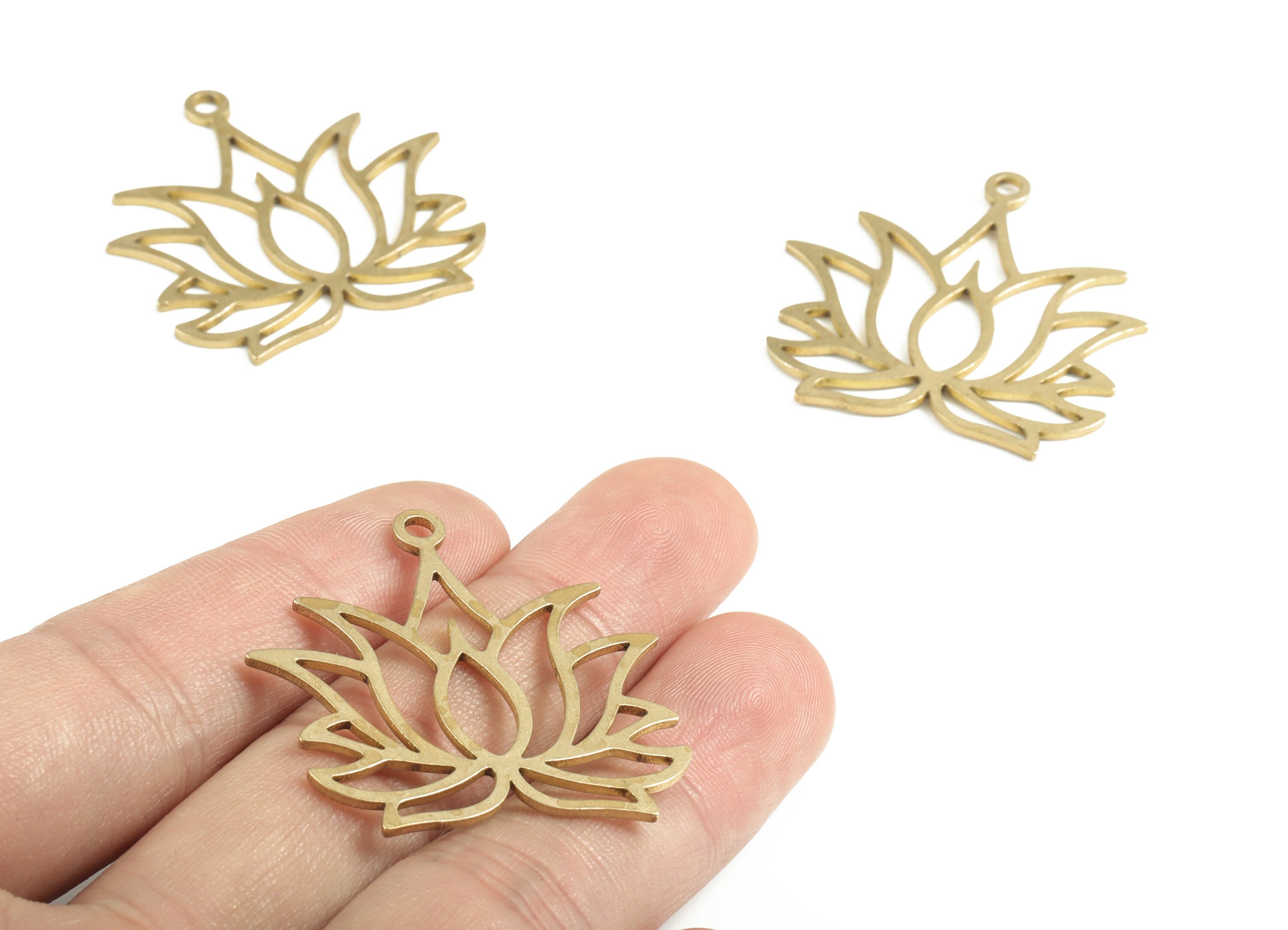 Brass Lotus Earring Charms - Raw Brass Hollow Lotus Flower Pendant - Earrings Finding - DIY Jewelry Supplies - 37.11x36.24x1.72mm - PP3723 - DOMEDBAZAAR