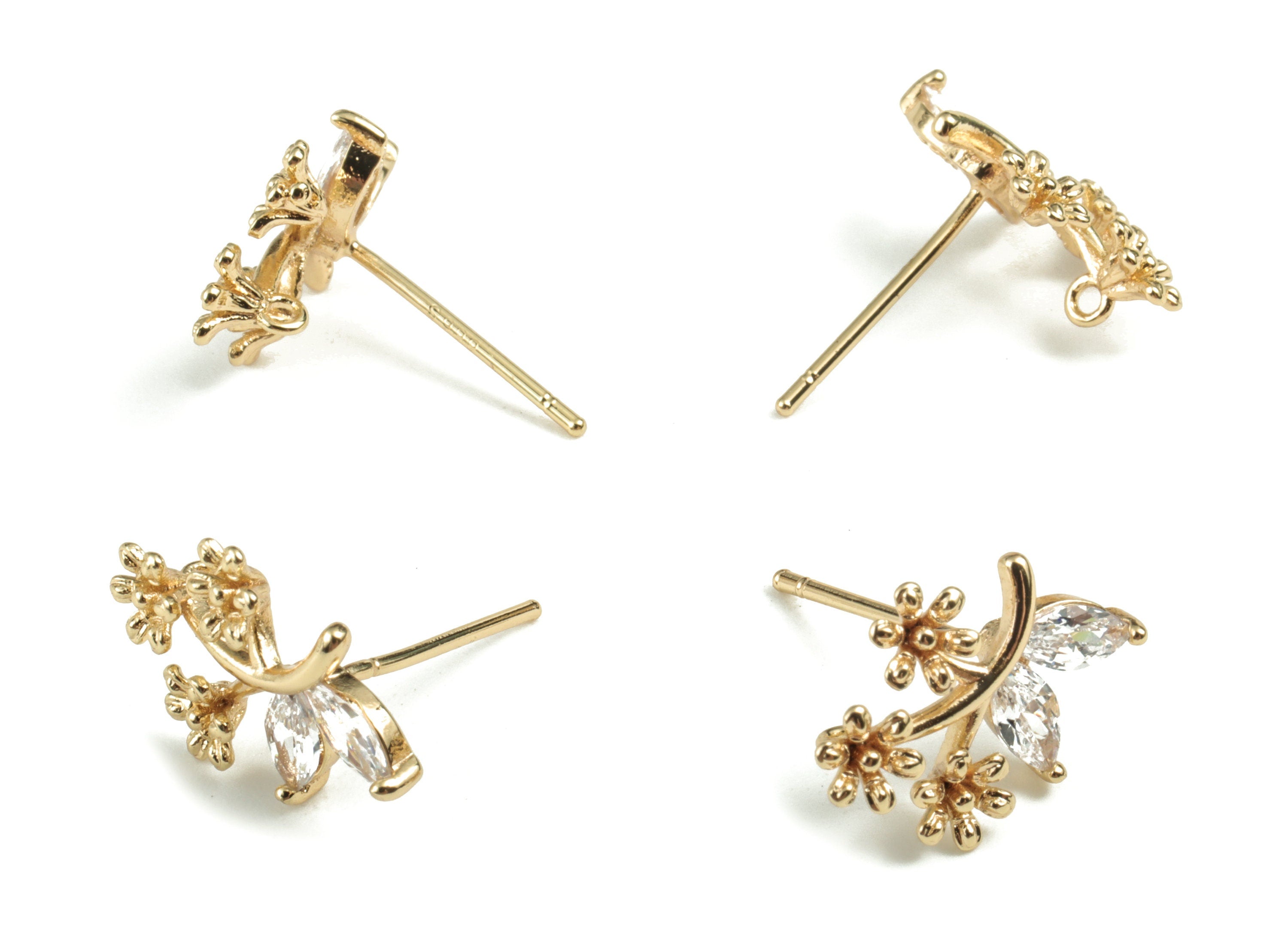 Brass Flower Earring Stud With Zircon - Gold Flower Earring Stud - 18K Real Gold Plated - 316 Stainless Steel - 14.73x10.52x3.22mm - RGP2759 - DOMEDBAZAAR