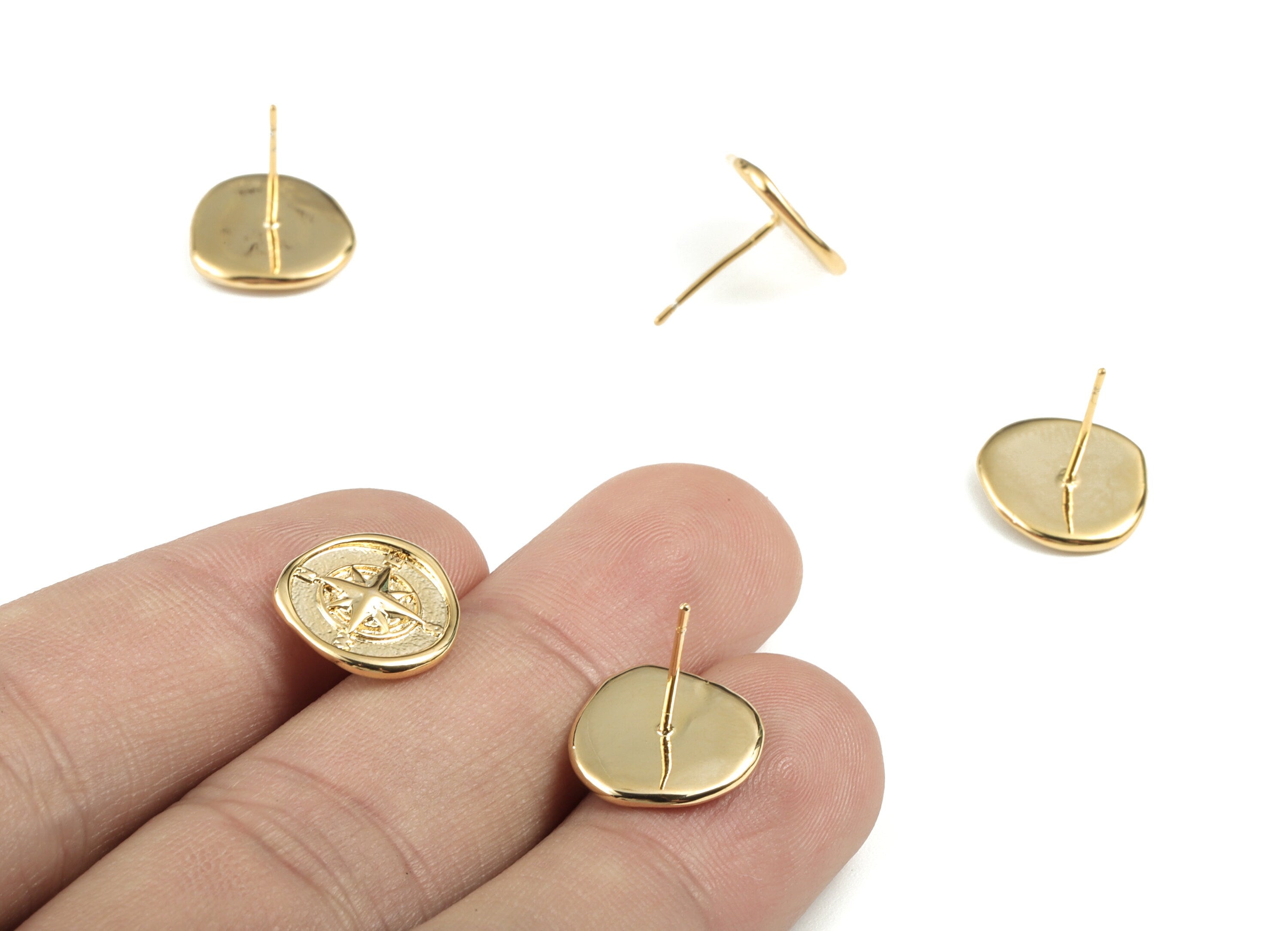 Brass Round Compass Earring Stud - Gold Circle Earring Stud - 18K Real Gold Plated - 316 Stainless Steel - 13.38x12.93x1.8mm - RGP2791 - DOMEDBAZAAR