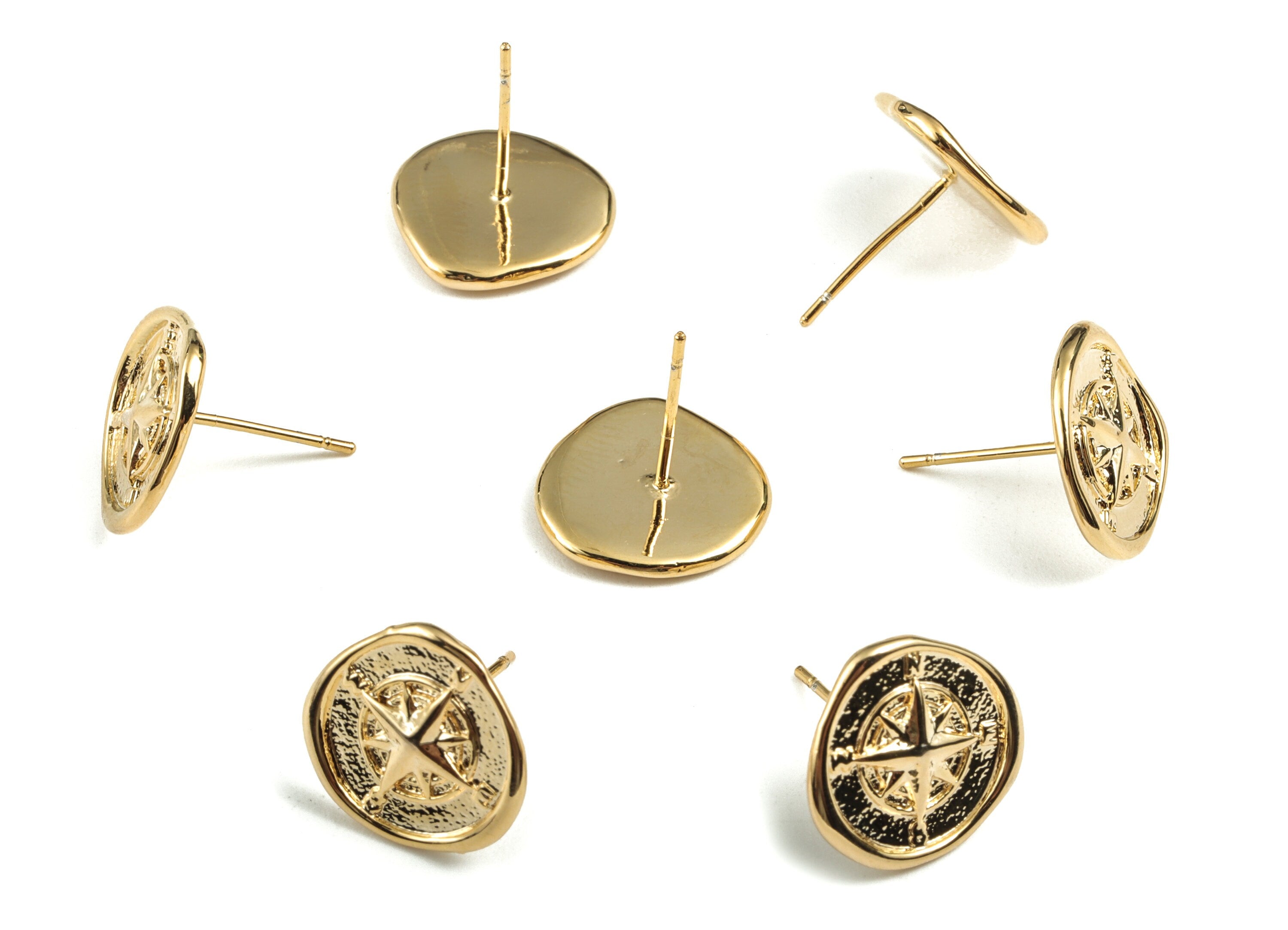 Brass Round Compass Earring Stud - Gold Circle Earring Stud - 18K Real Gold Plated - 316 Stainless Steel - 13.38x12.93x1.8mm - RGP2791 - DOMEDBAZAAR