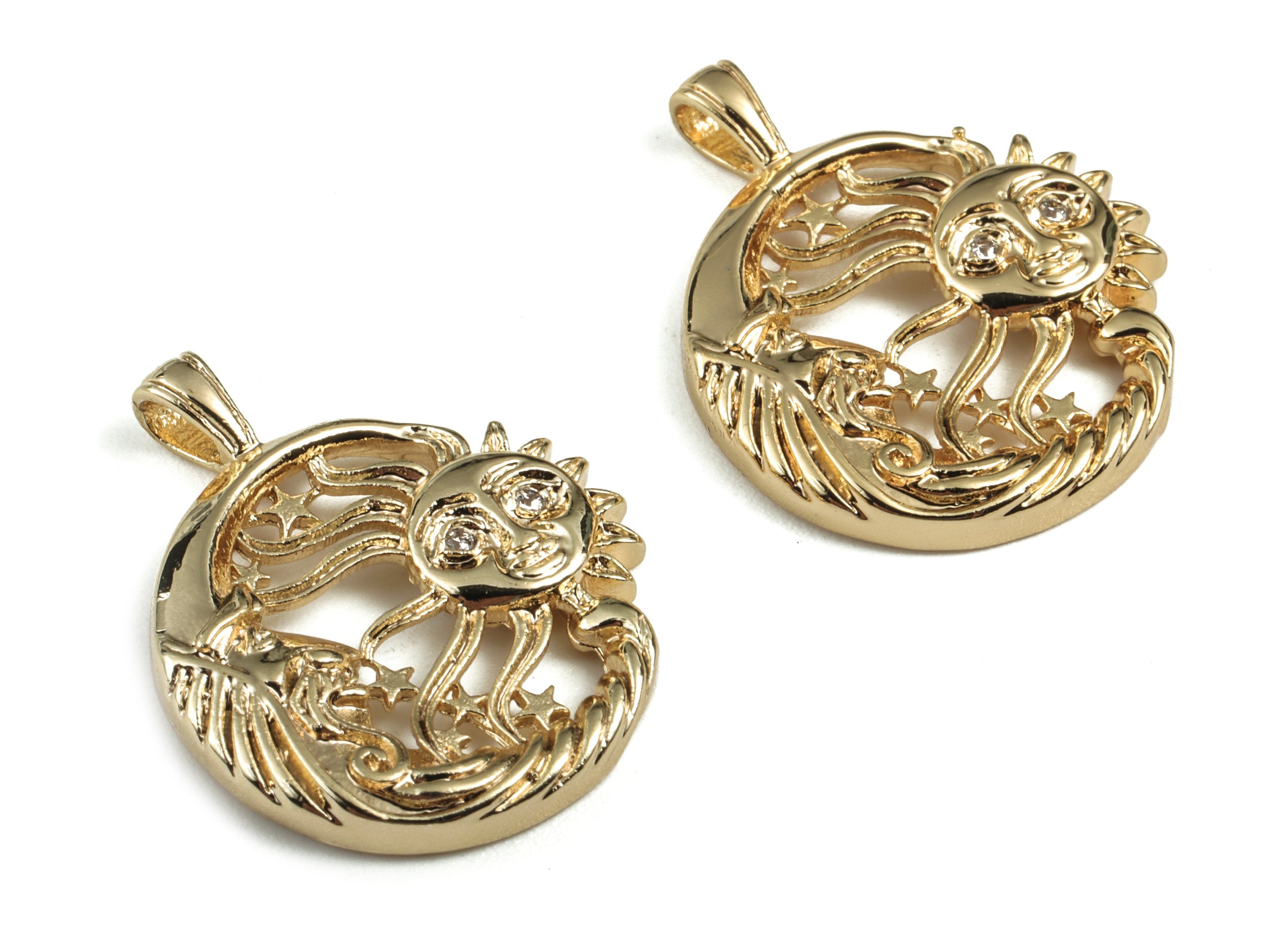 Brass Smiley Face Sun Star Earring Charms With Zircon - Gold Round Pendant - 18K Real Gold Plated Brass - 24.89x20.28x2.97mm - RGP2762 - DOMEDBAZAAR