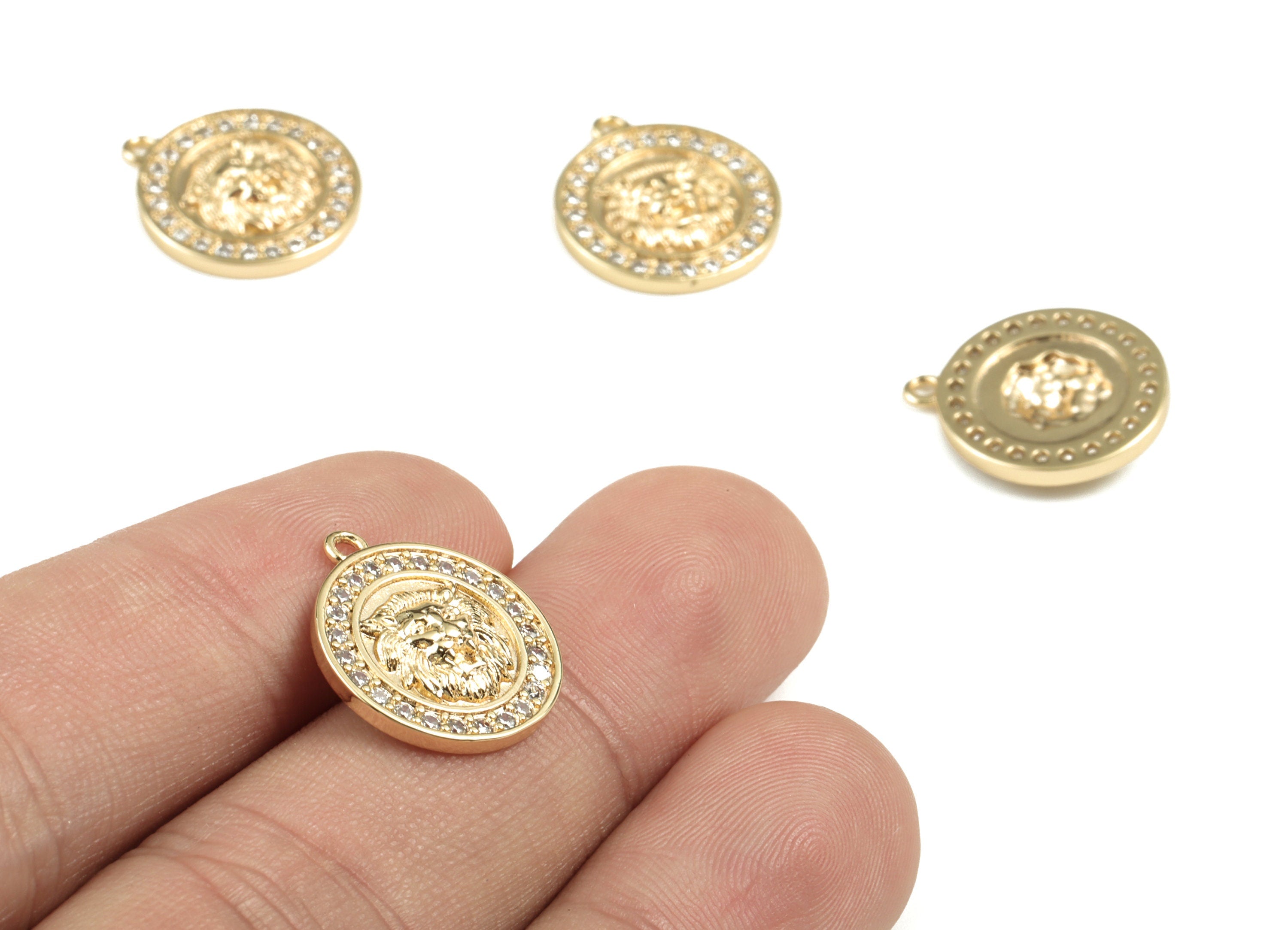 Brass Round Lion king Earring Charms With Zircons - Gold Circle Lion king Pendant - 18K Real Gold Plated Brass - 17.7x15.44x3.08mm - RGP2765 - DOMEDBAZAAR