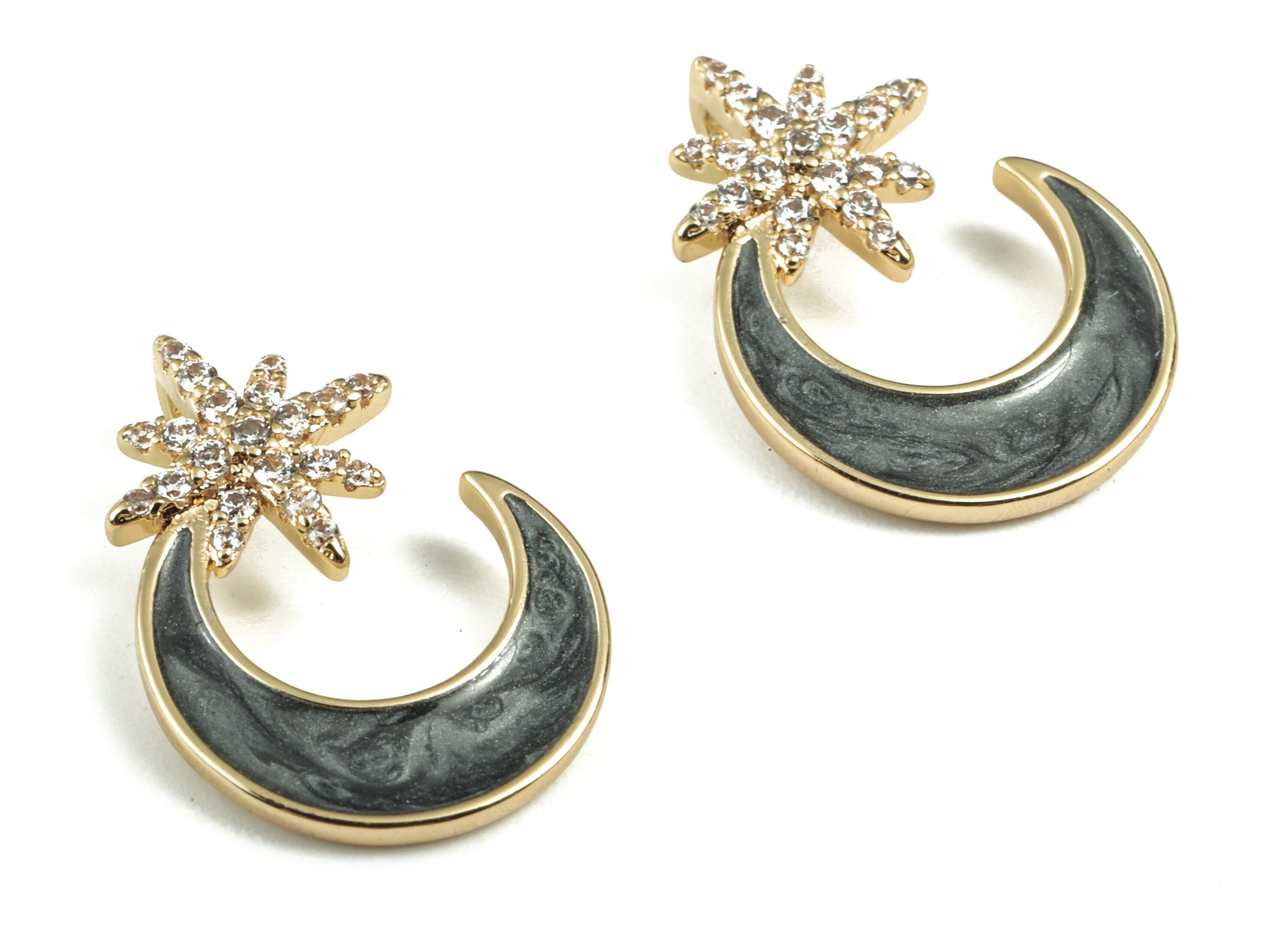 Brass Star Moon Earring Charms With Enamel - Gold Star Moon Pendant - 18K Real Gold Plated Brass - 17.55x12.85x2.09mm - RGP2780 - DOMEDBAZAAR