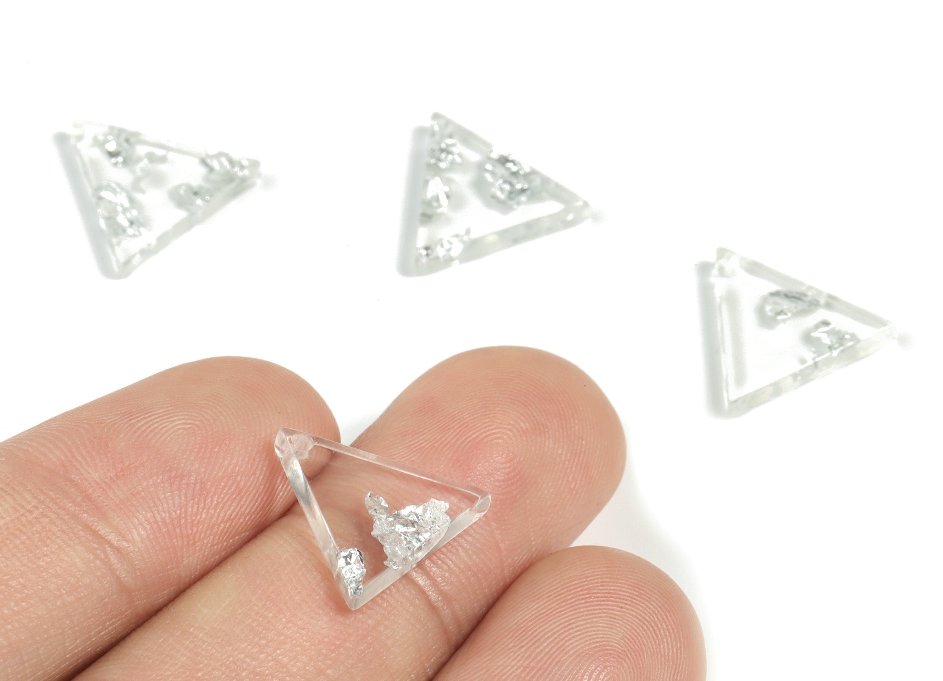Acrylic Triangle Earring Charms - Acrylic Triangle Pendant - Silver Foil & Confetti - Color Code:A254 - 13.84x14.74x2.37mm - AC2196-A254 - DOMEDBAZAAR