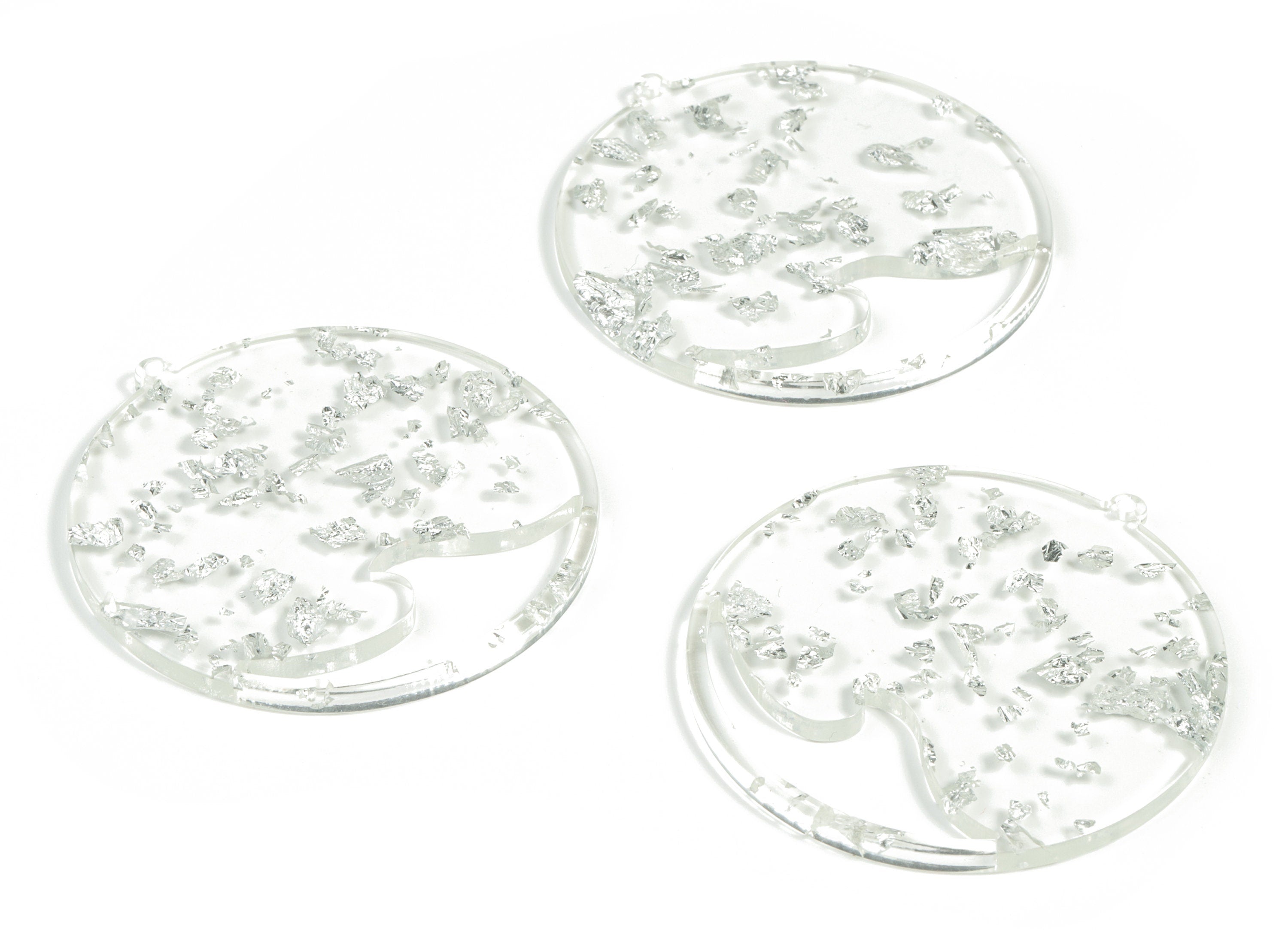 Acrylic Round Wave Earring Charms - Acrylic Circle Pendant - Silver Foil & Confetti - Color Code:A254 - 53.46x50.77x2.8mm - AC2194-A254 - DOMEDBAZAAR