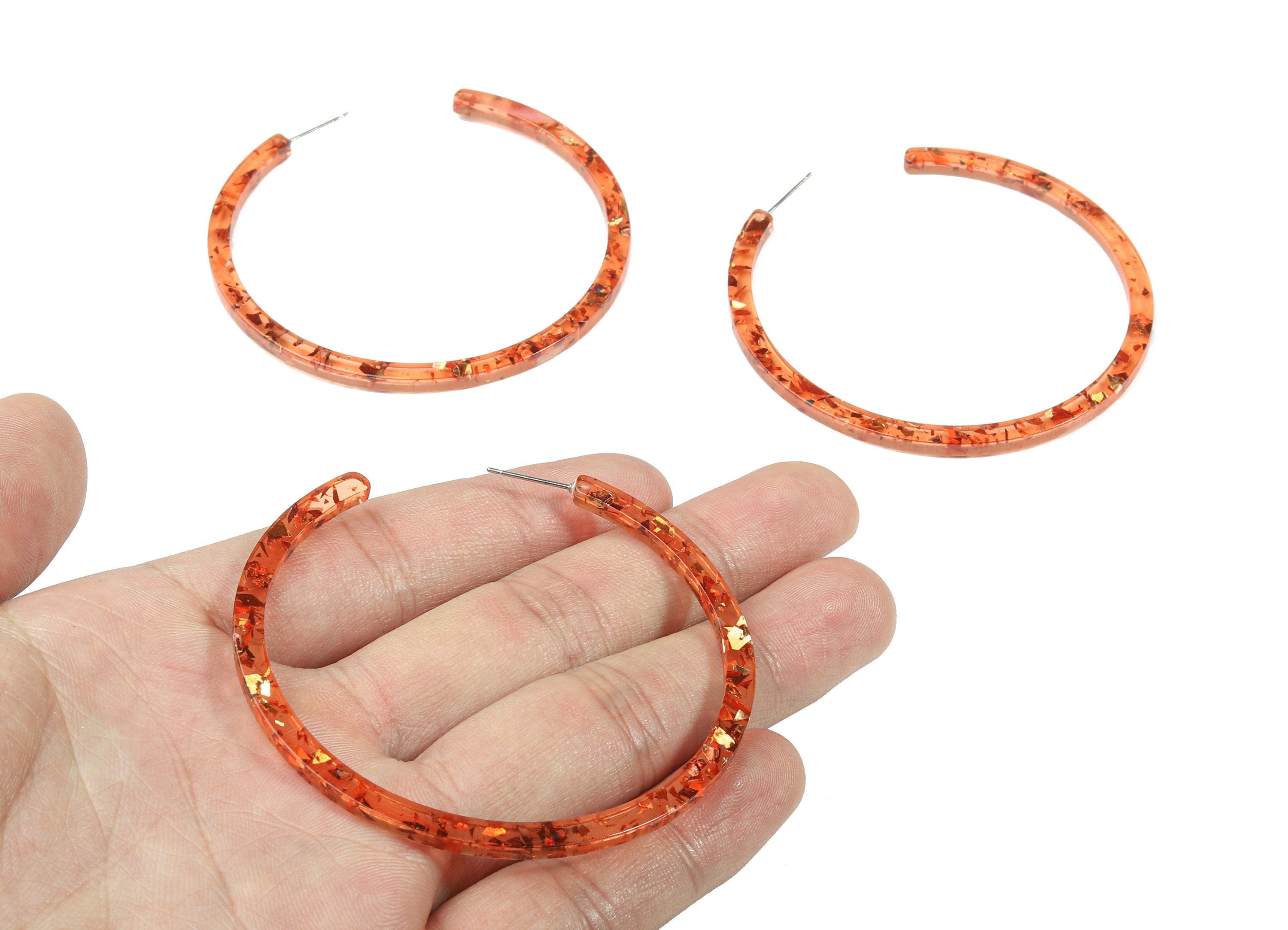 Open Hoop Earrings Stud - 2.5 inch Hoop Earring - Gold Orange Foil Clear Acetate Round Post - Color Code: A435 - 66x4x3mm - AC1307-A435 - DOMEDBAZAAR