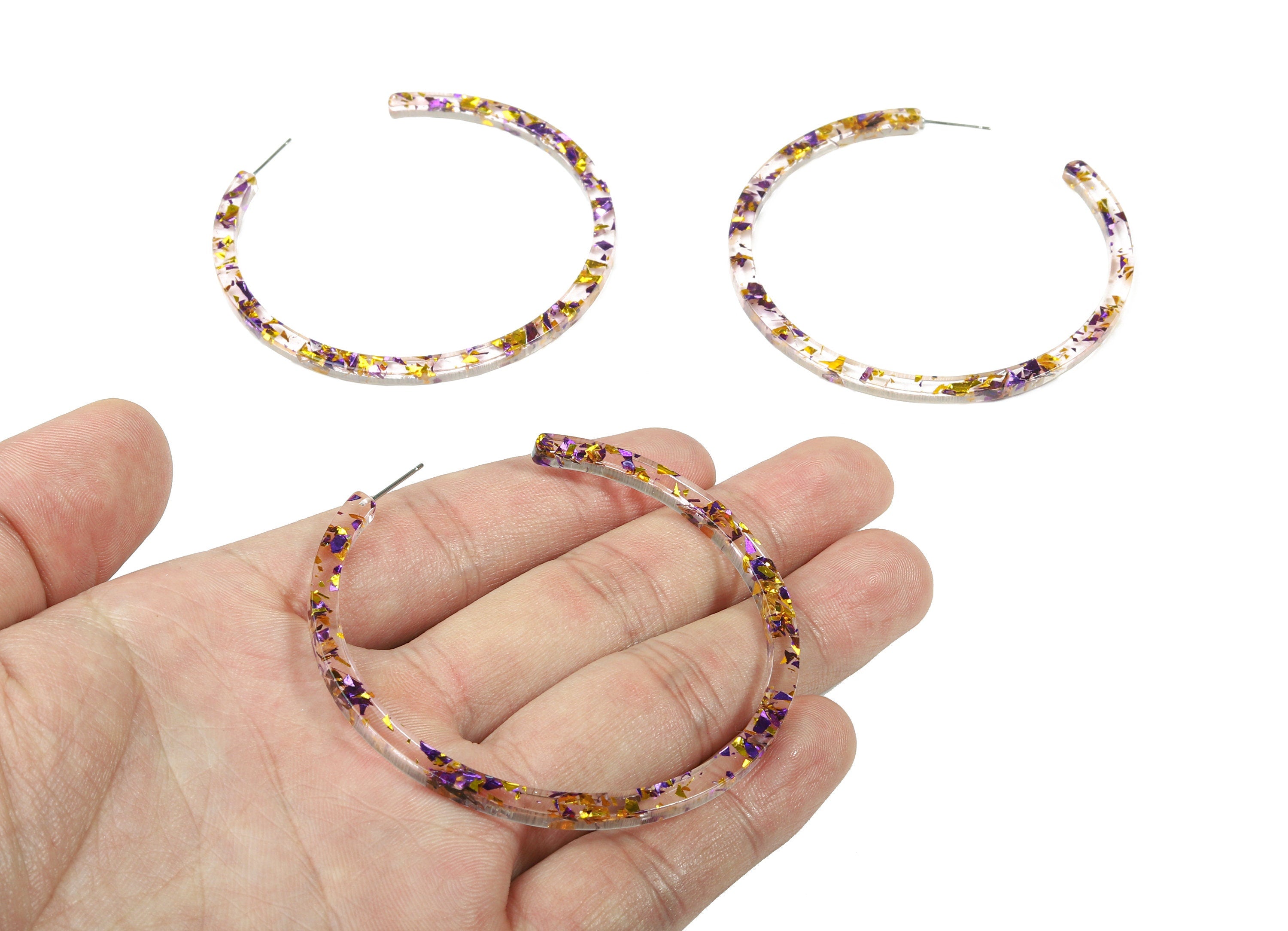 Open Hoop Earrings Stud - 2.5 inch Hoop Earring - Gold Purple Foil Clear Acetate Round Post - Color Code: A388 - 66x4x3mm - AC1307-A388 - DOMEDBAZAAR