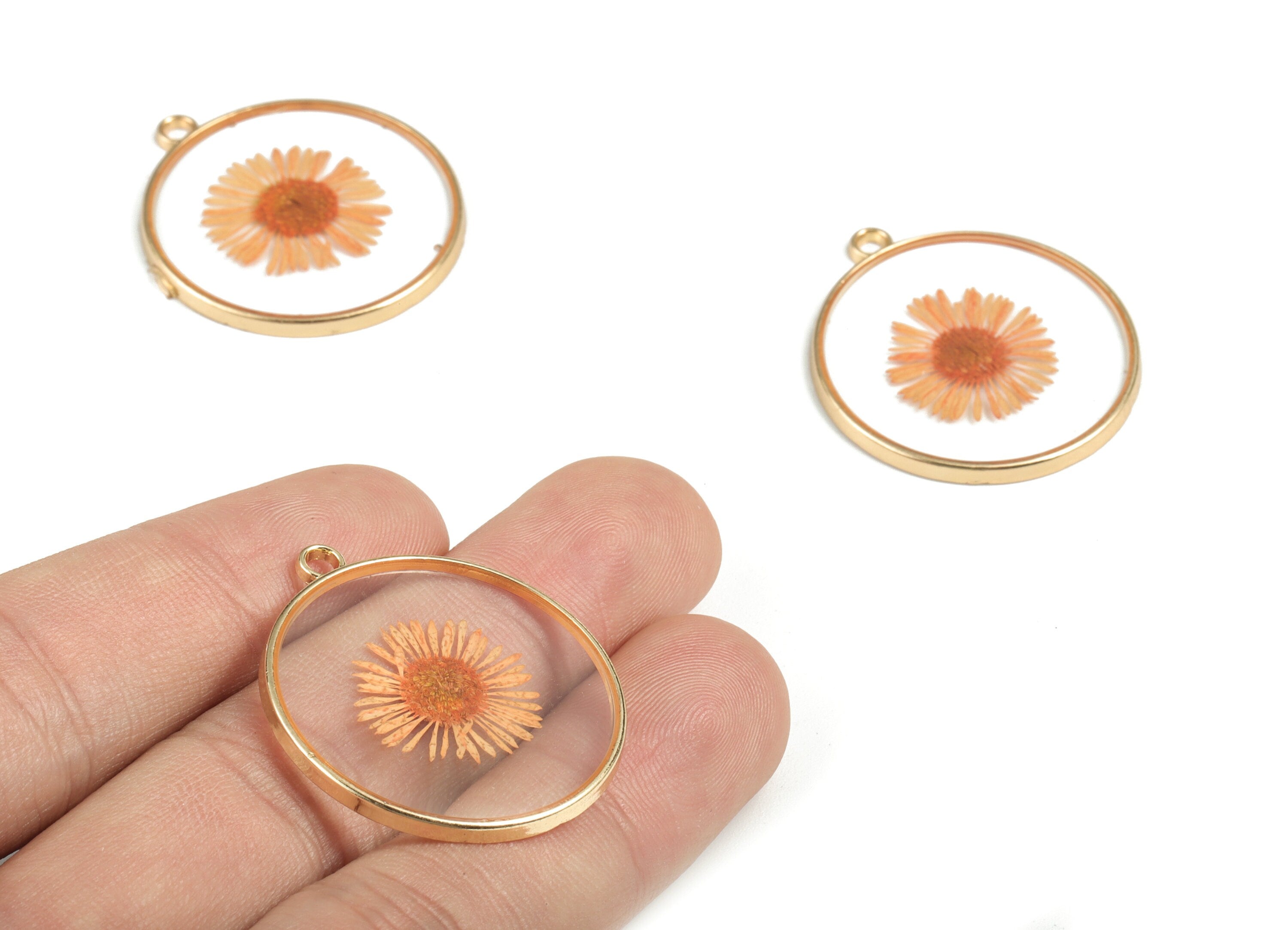 Resin Round Earring Charms - Resin Real Flower Pendant - Gold Tone Plated Alloy - Jewelry Making Supplies - 32.52x29.41x2.52mm - RC1143D - DOMEDBAZAAR
