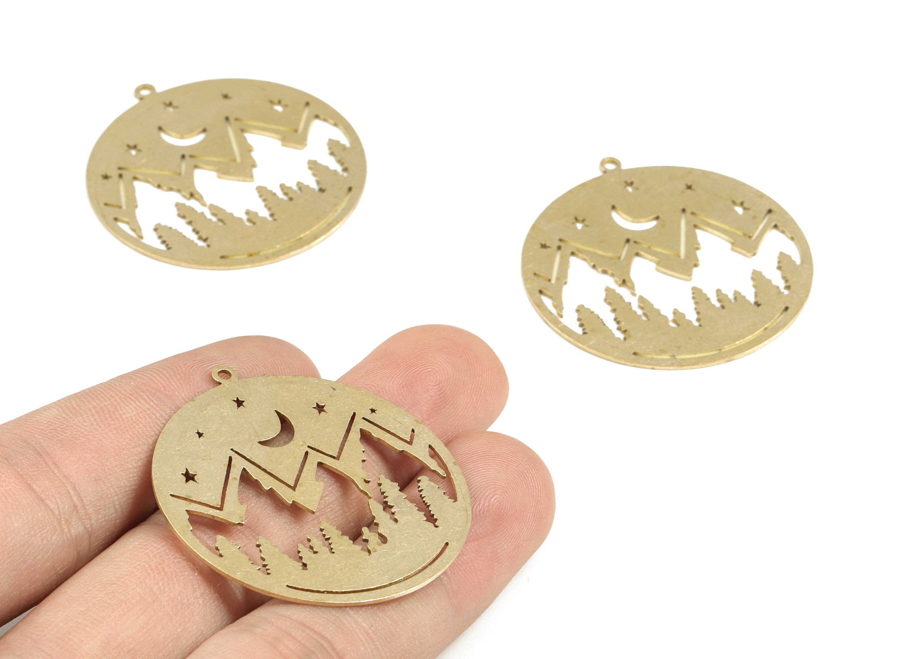 Mountain Moon Stars Pendant - Raw Brass Mountain Crescent Earring - Landscape Circle Charms - Jewelry Supplies - 39.82x37.15x0.7mm - PP3635 - DOMEDBAZAAR