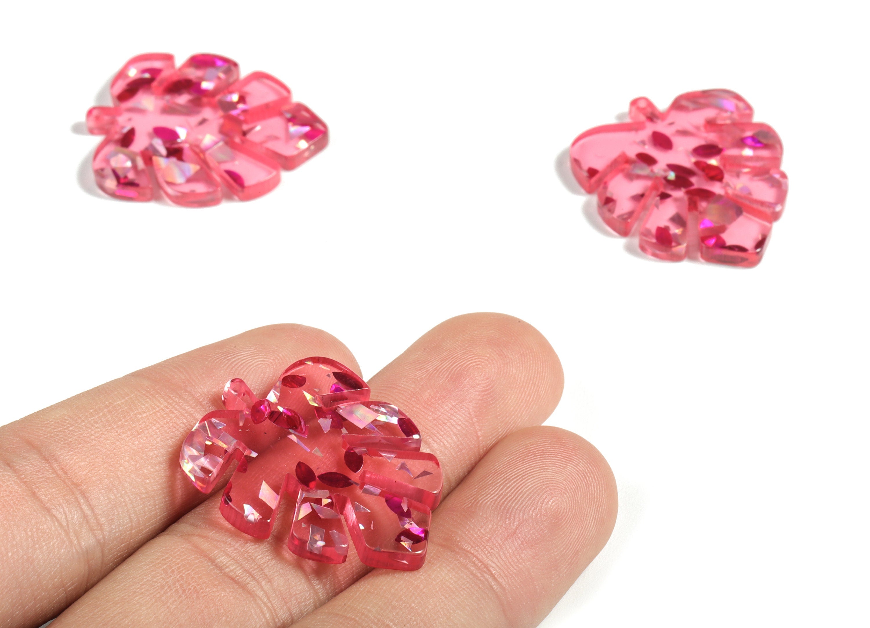 Acrylic Leaf Earring Charms - Acrylic Red Silver Foil & Confetti Monstera Earrings - Color Code:A437 - 28.57x23.15x1.61mm - AC1087-A437 - DOMEDBAZAAR