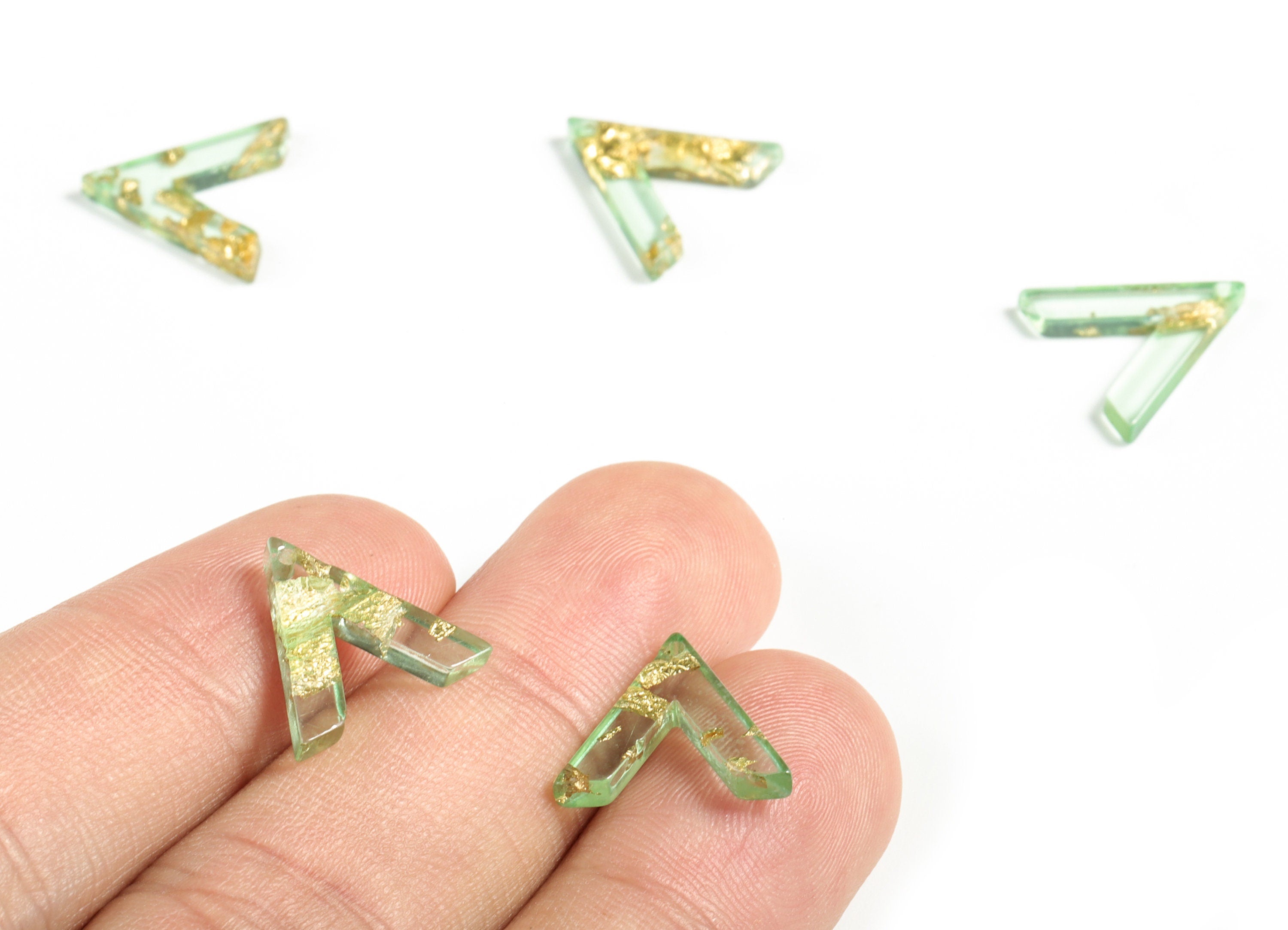 Acrylic Triangle Earring Charms - Triangle Pendant - Gold Foil & Confetti Clear Green - Color Code:A292 - 14.52x13.67x2.19mm - AC2178-A292 - DOMEDBAZAAR