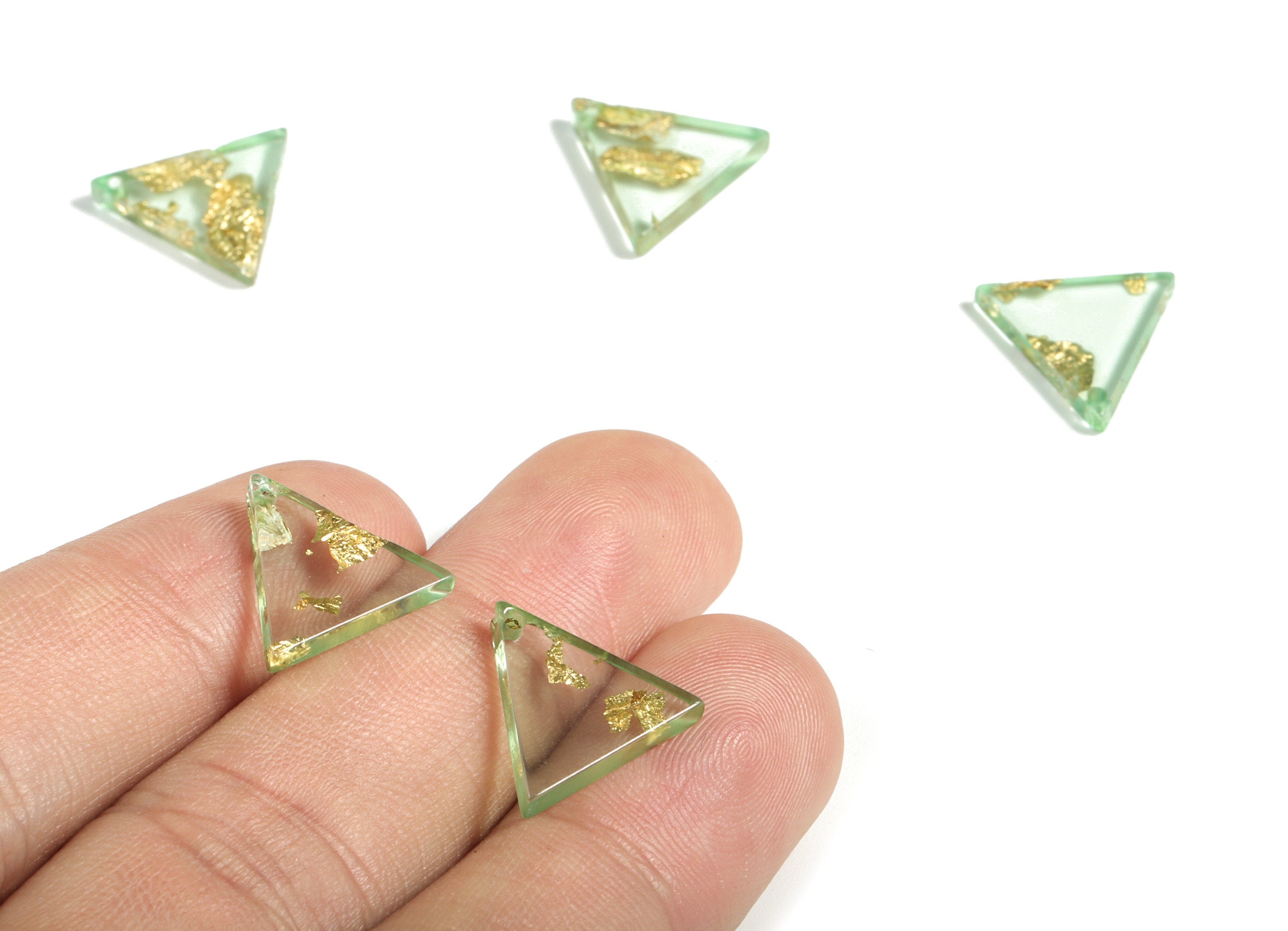 Acrylic Triangle Earring Charms - Triangle Pendant - Gold Foil & Confetti Clear Green - Color Code:A292 - 14.55x13.71x2.64mm - AC2196-A292 - DOMEDBAZAAR