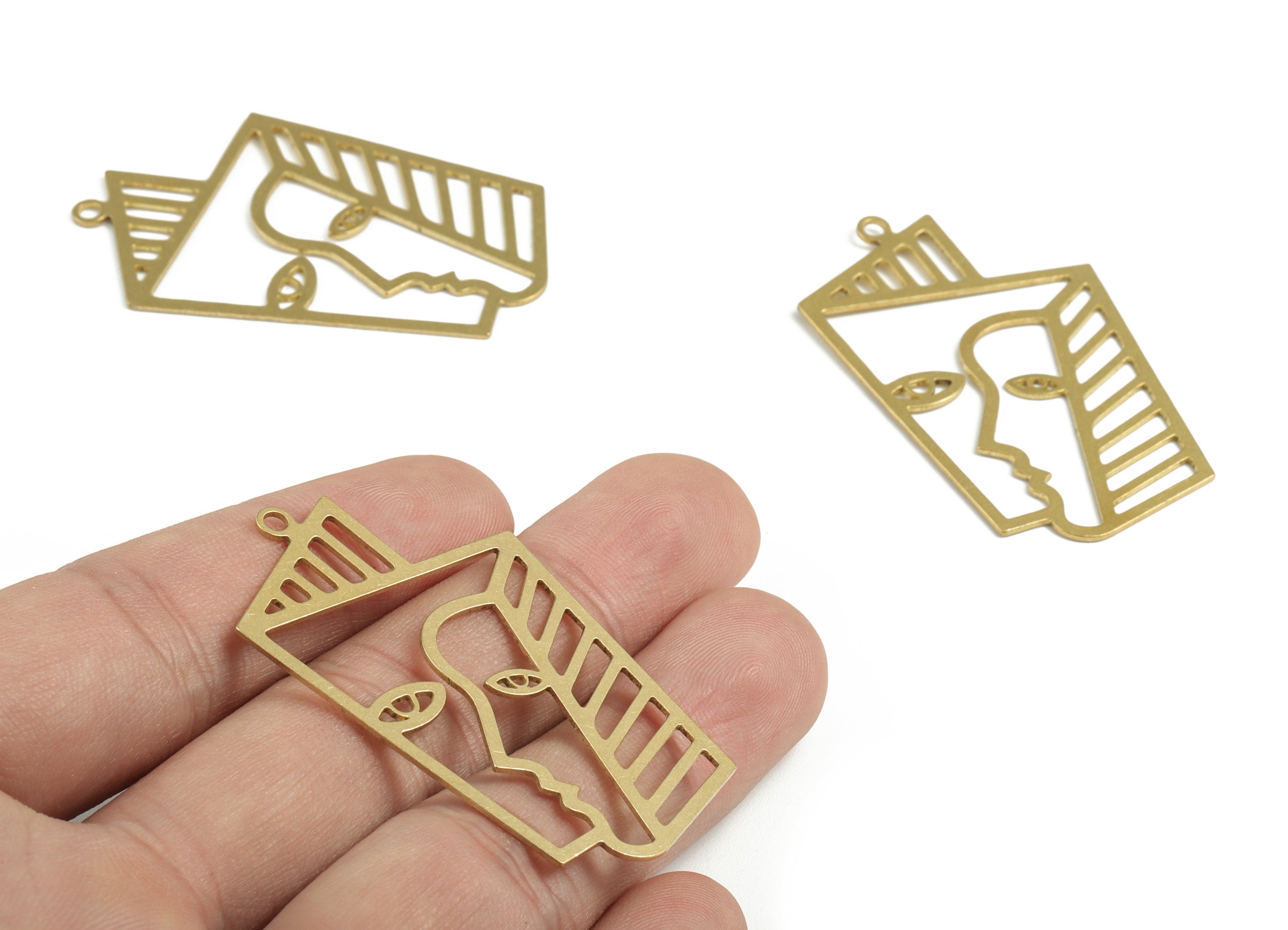 Geometric Faces Pendant - Raw Brass Faces Dangle Earring Charms - Woman Face Charms - Jewelry Supplies - 49.12x30.77x0.74mm - PP3666 - DOMEDBAZAAR