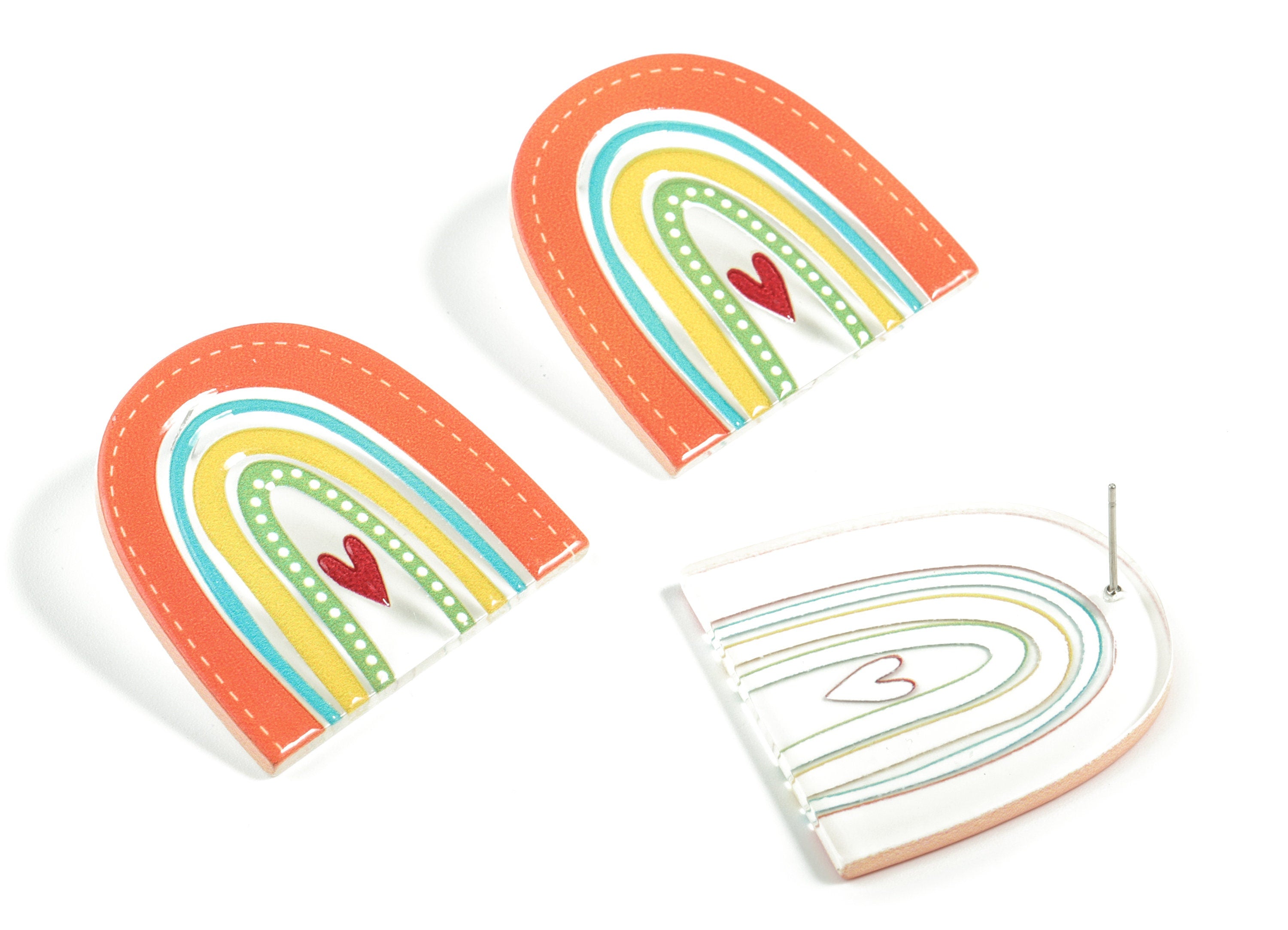 Acrylic Rainbow Earring Post - Acrylic Rainbow Heart Earring Stud - 316 Stainless Steel - Jewelry Supplies - 35.98x36.69x2.92mm - AC2207A - DOMEDBAZAAR