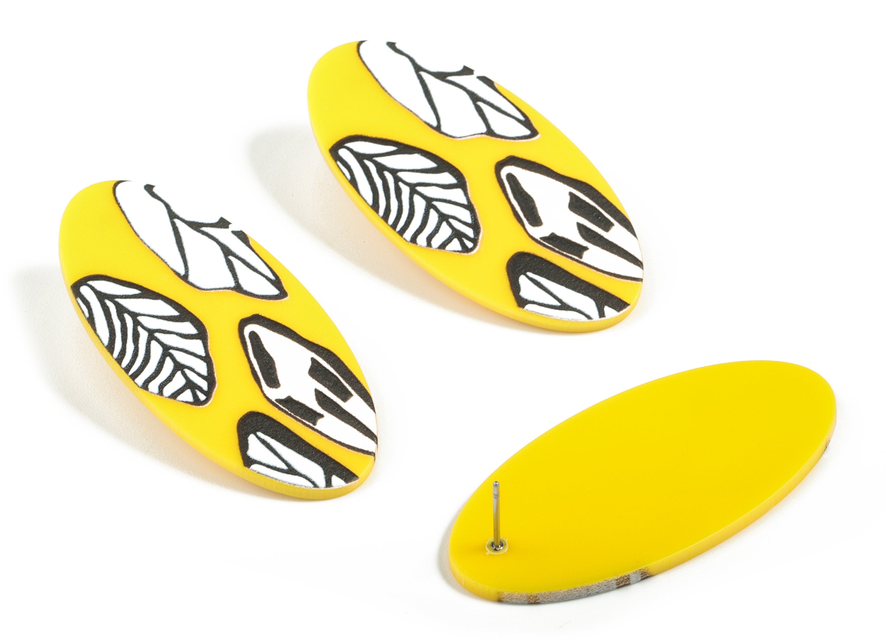Acrylic Oval Yellow Earring Post – Flower Oval Earring Stud - 316 Stainless Steel - Jewelry Supplies - 49.16x23.97x2.33mm - AC2166 - DOMEDBAZAAR