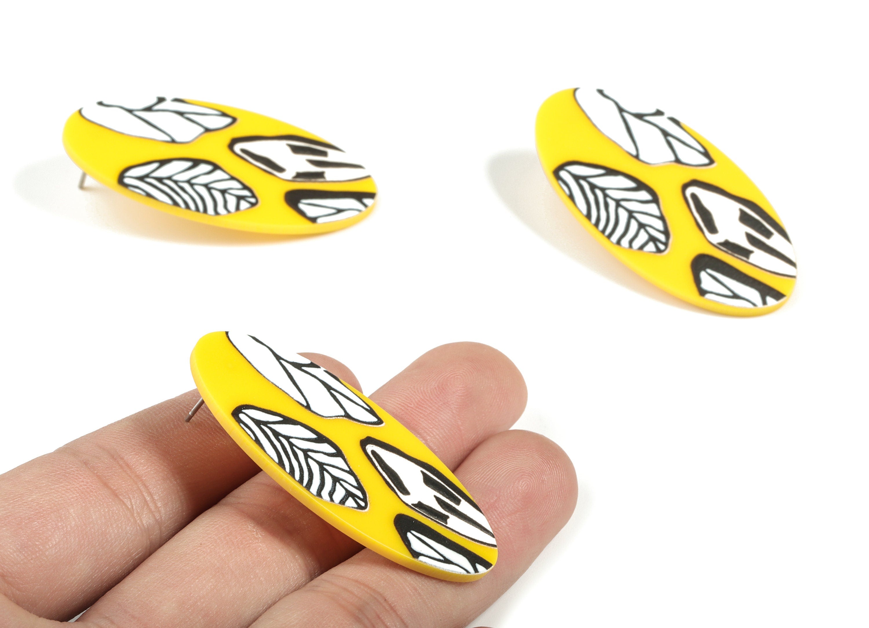 Acrylic Oval Yellow Earring Post – Flower Oval Earring Stud - 316 Stainless Steel - Jewelry Supplies - 49.16x23.97x2.33mm - AC2166 - DOMEDBAZAAR