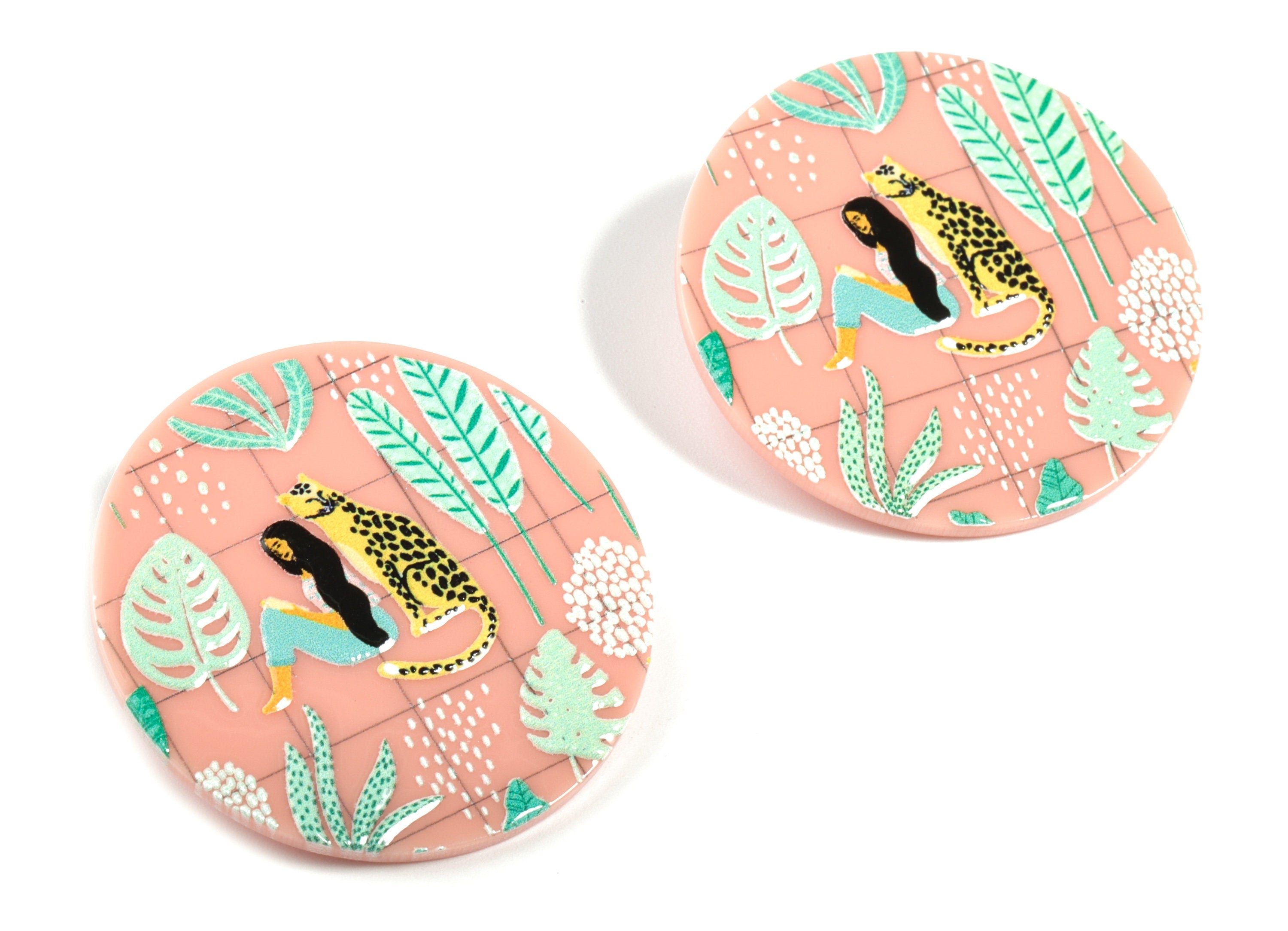 Acrylic Round Earring Post - Acrylic Leopard Round Earring Stud - 316 Stainless Steel - Jewelry Supplies - 40.31x40.31x2.51mm - AC2167 - DOMEDBAZAAR