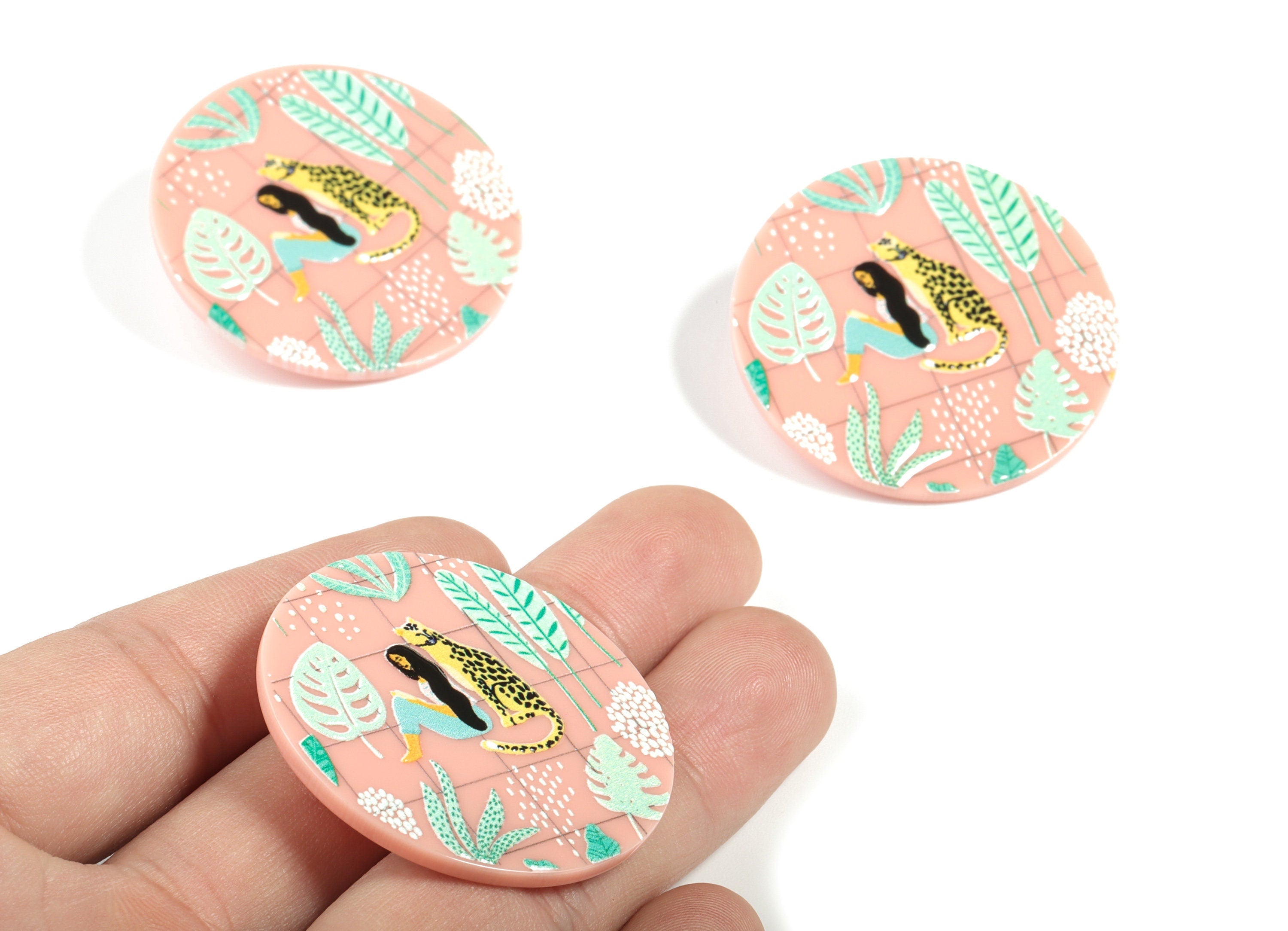 Acrylic Round Earring Post - Acrylic Leopard Round Earring Stud - 316 Stainless Steel - Jewelry Supplies - 40.31x40.31x2.51mm - AC2167 - DOMEDBAZAAR