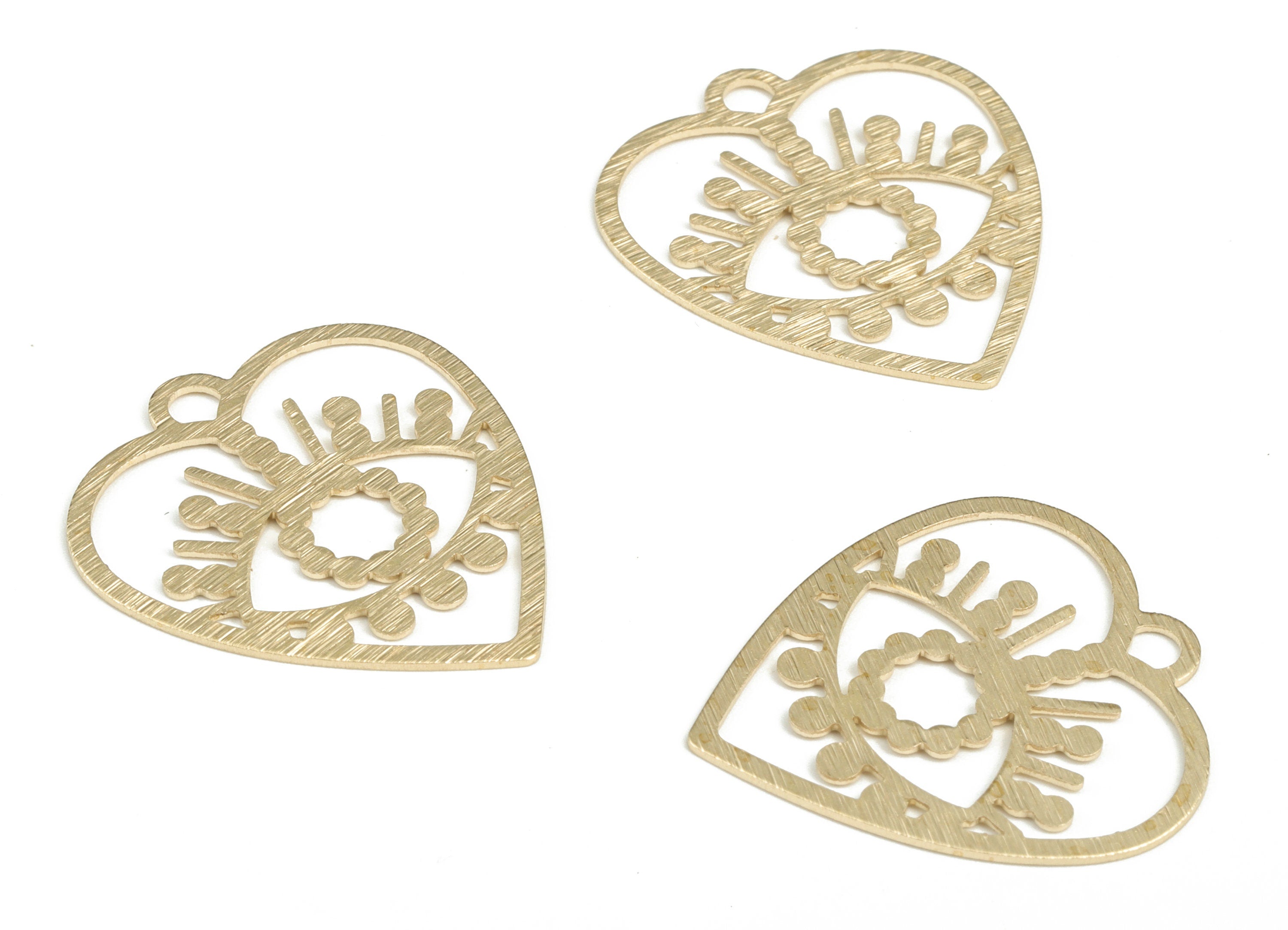 Brass Textured Heart Eye Earring Charms - Raw Brass Heart Pendant - Earring Finding - Jewelry Making Supplies - 29.78x27.18x0.63mm - PP3820 - DOMEDBAZAAR