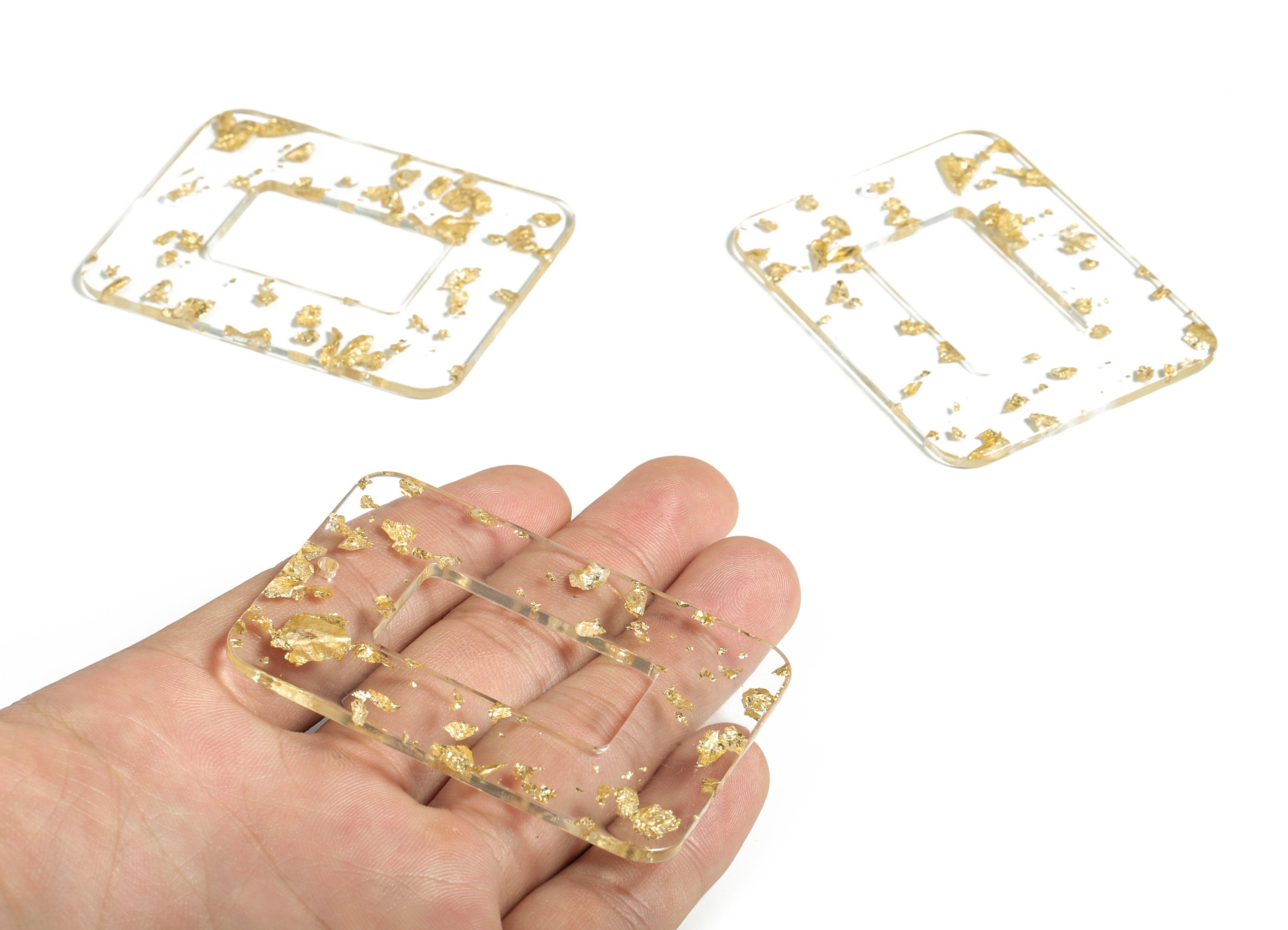 Acrylic Rectangle Earring Charms - Rectangle Pendant - Gold Foil & Confetti - Jewelry Supplies - Color Code: A255 - 65x49x3mm - AC1106-A255 - DOMEDBAZAAR