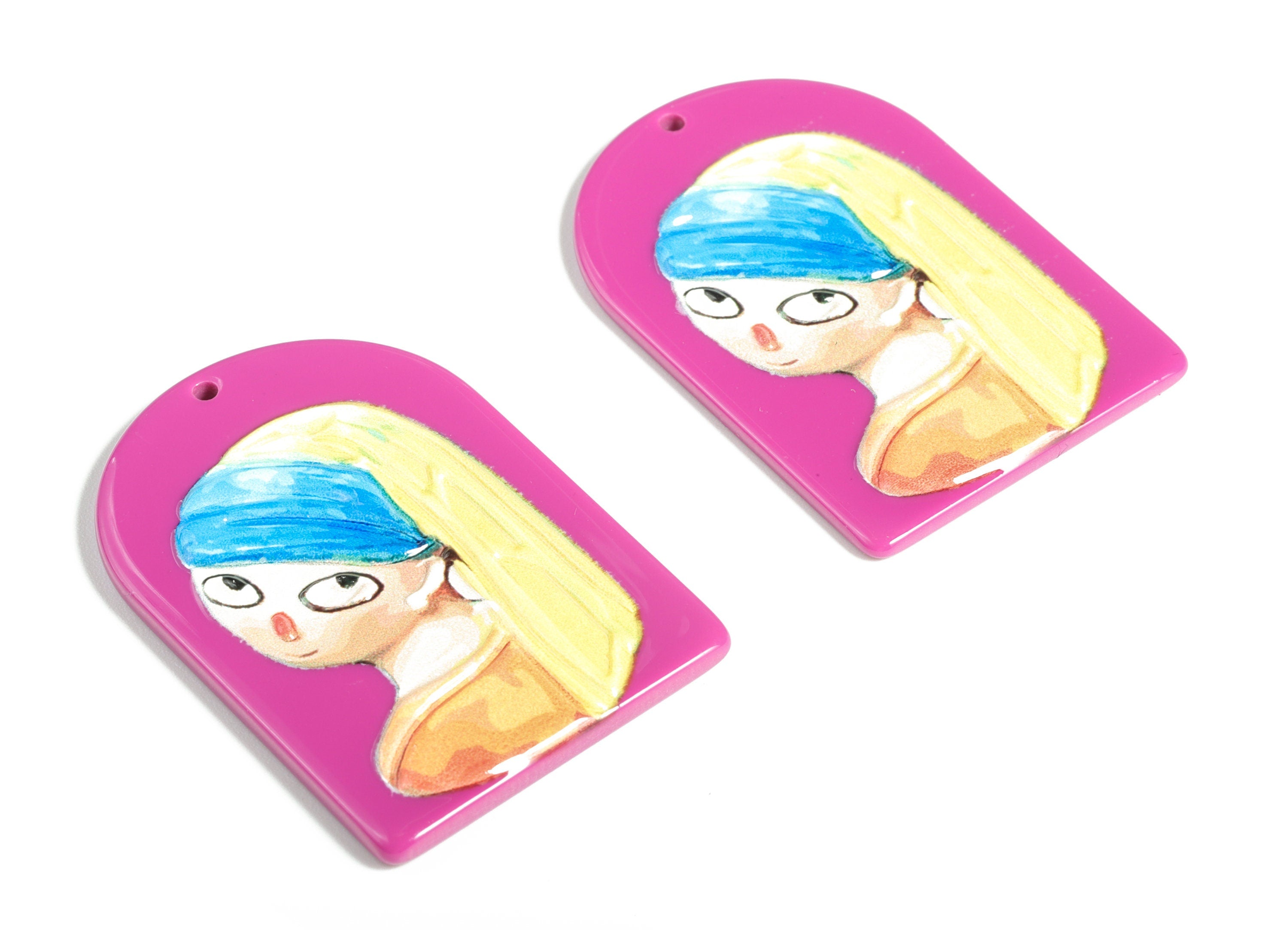 Acrylic D Girl with Long Hair Earring Charms - Acrylic Domed Earrings - Earring Findings - Jewelry Supplies - 39.68x27.14x2.53mm - AC2225 - DOMEDBAZAAR