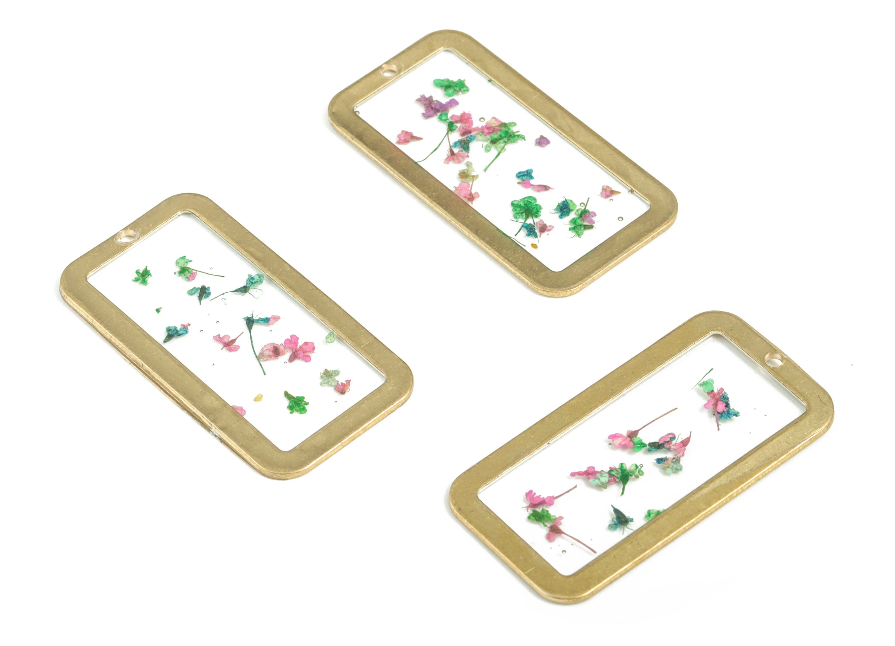 Resin Rectangle Earring Charms - Resin Real Flower Pendant - Raw Brass - Jewelry Making Supplies - 31.05x16.23x0.93mm - RC1164 - DOMEDBAZAAR
