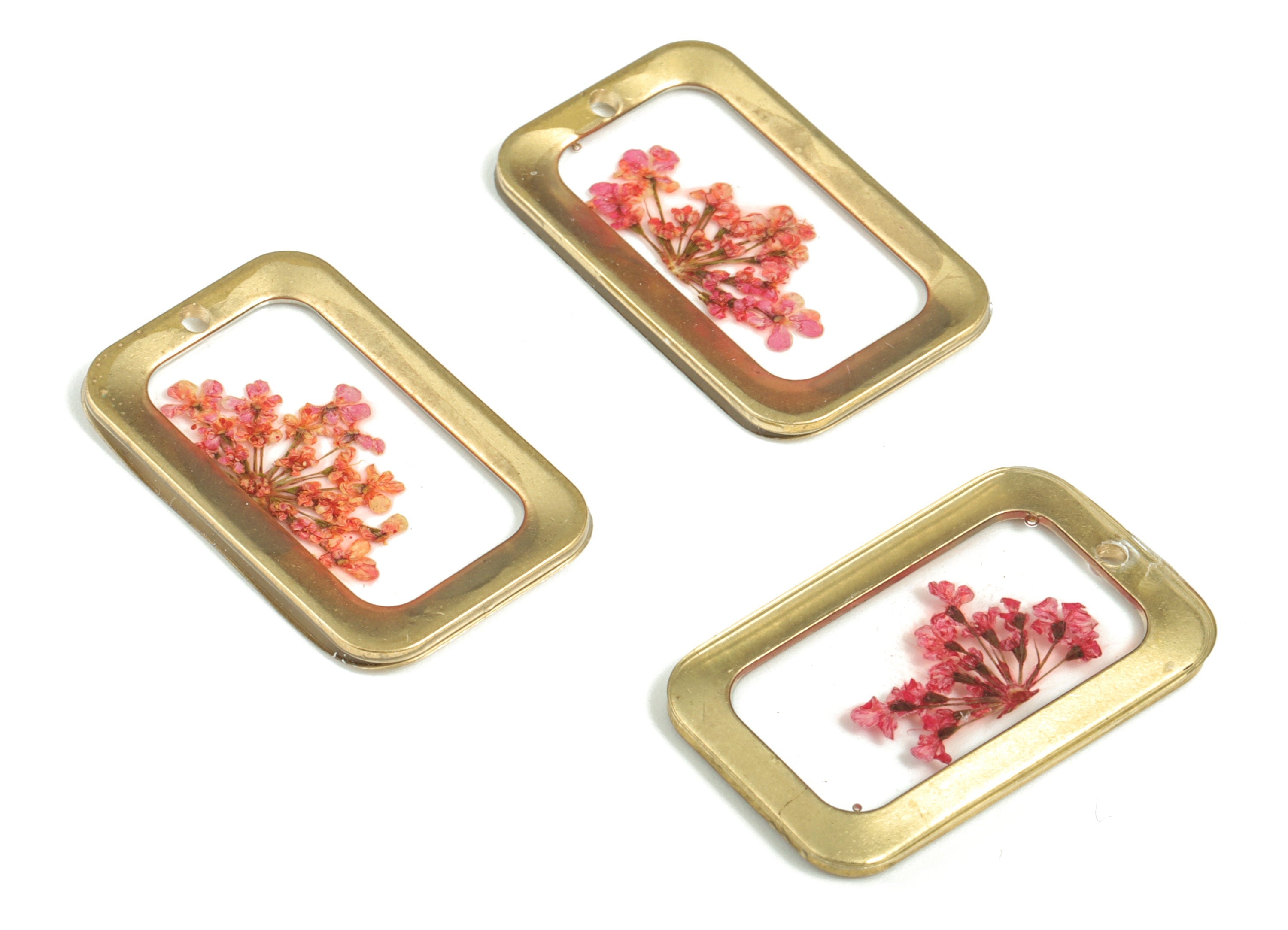 Resin Rectangle Earring Charms - Resin Real Flower Pendant - Raw Brass Charms – Resin Jewelry Charms - 24.75x15.4x1.44mm - RC1169 - DOMEDBAZAAR