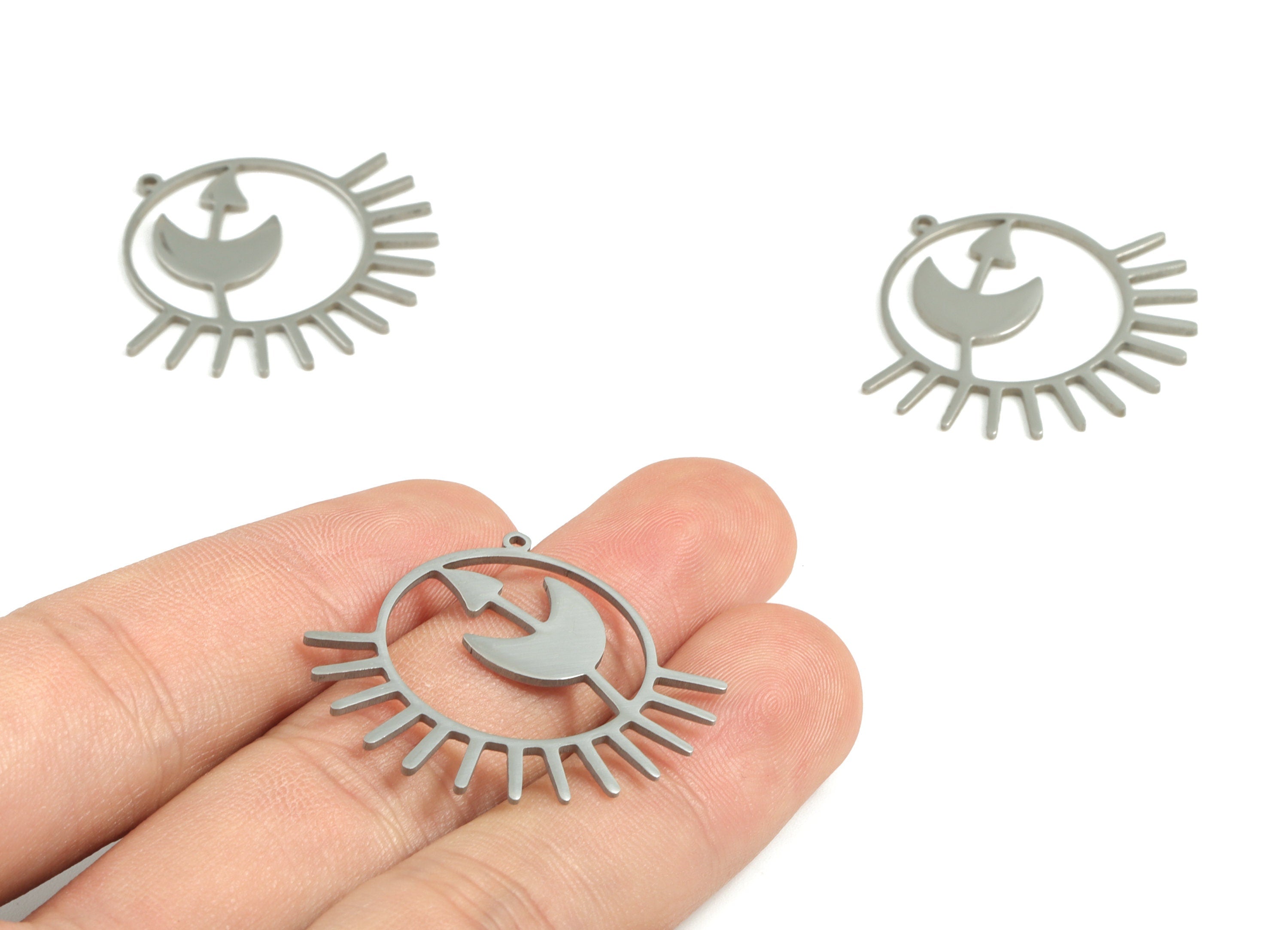 Stainless Steel Circle Crescent Sun Earring Charms - Stainless Steel Arrow Moon Sun Pendant - Jewelry Making Supplies - 34x31x1mm - SS1182 - DOMEDBAZAAR
