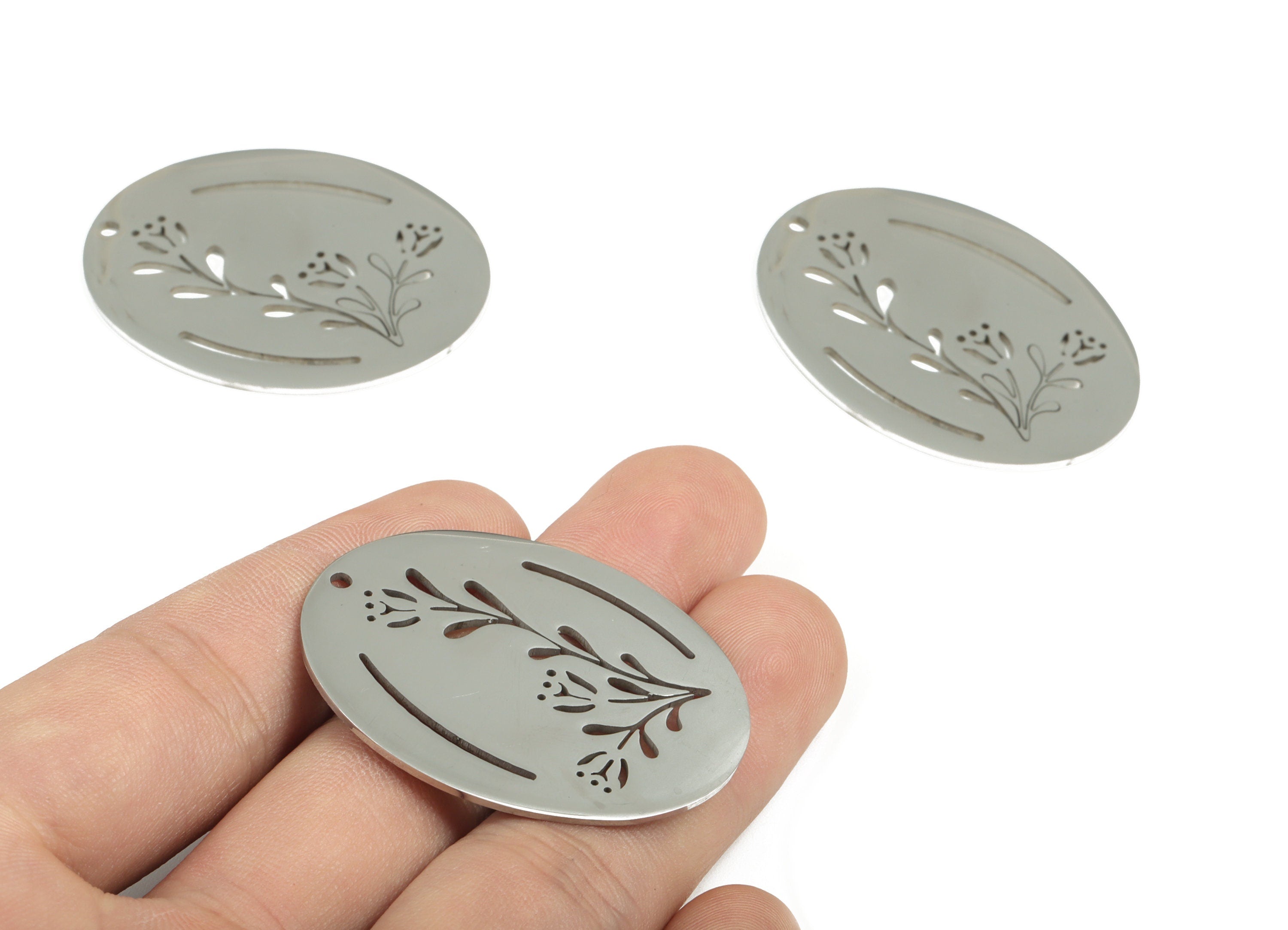 Stainless Steel Oval Flower Earring Charms - Stainless Steel Oval Flower Pendant - Jewelry Making Supplies - 42.36x35.6x0.99mm - SS1197 - DOMEDBAZAAR