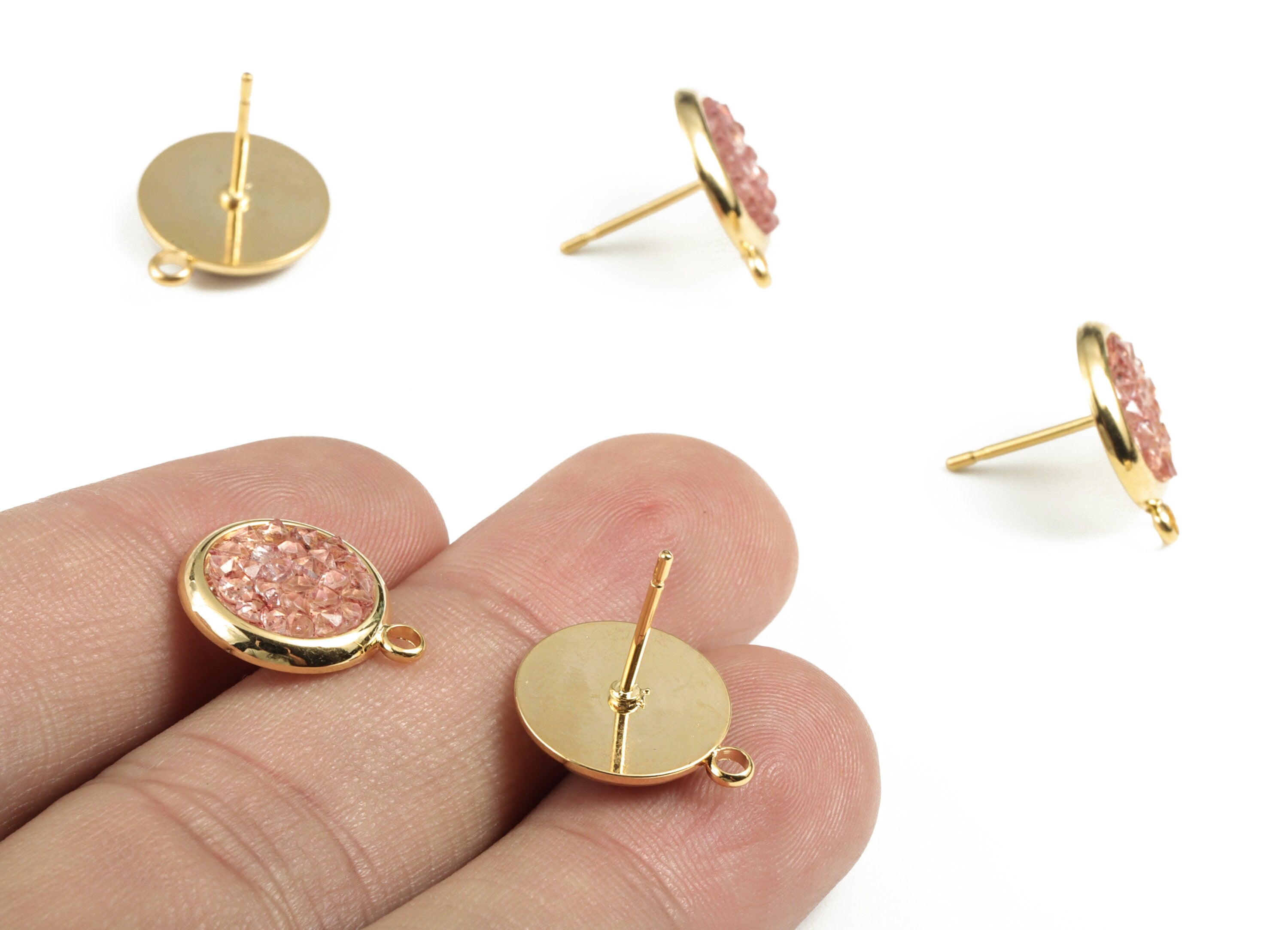 Brass Round Earring Stud With Acrylic - Gold Circle Earring Stud - 18K Real Gold Plated - 316 Stainless Steel - 15.37x12.96x2.41mm - RGP2799 - DOMEDBAZAAR