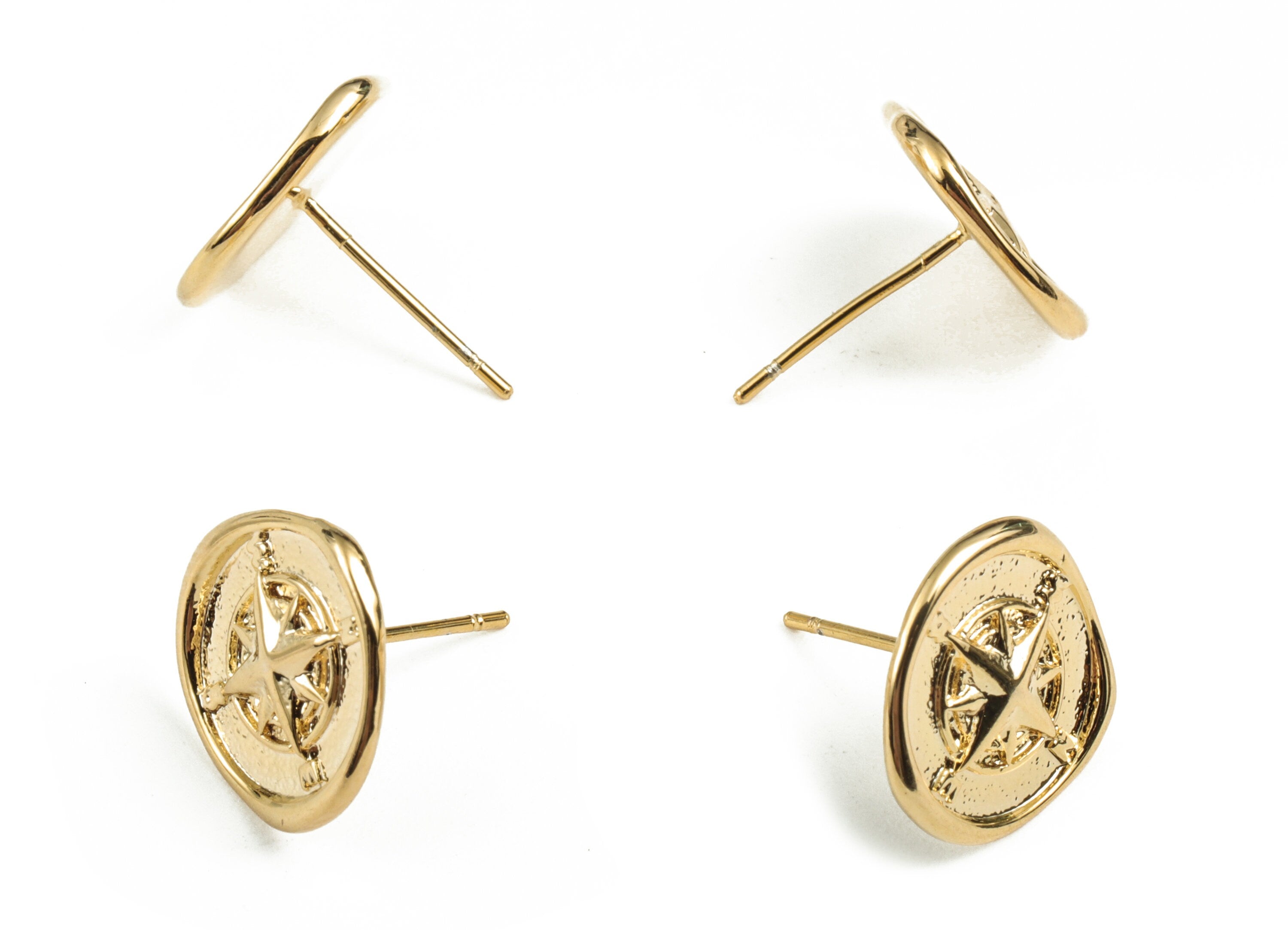 Brass Round Compass Earring Stud - Gold Circle Earring Stud - 18K Real Gold Plated - 316 Stainless Steel - 13.38x12.93x1.8mm - RGP2791 - DOMEDBAZAAR