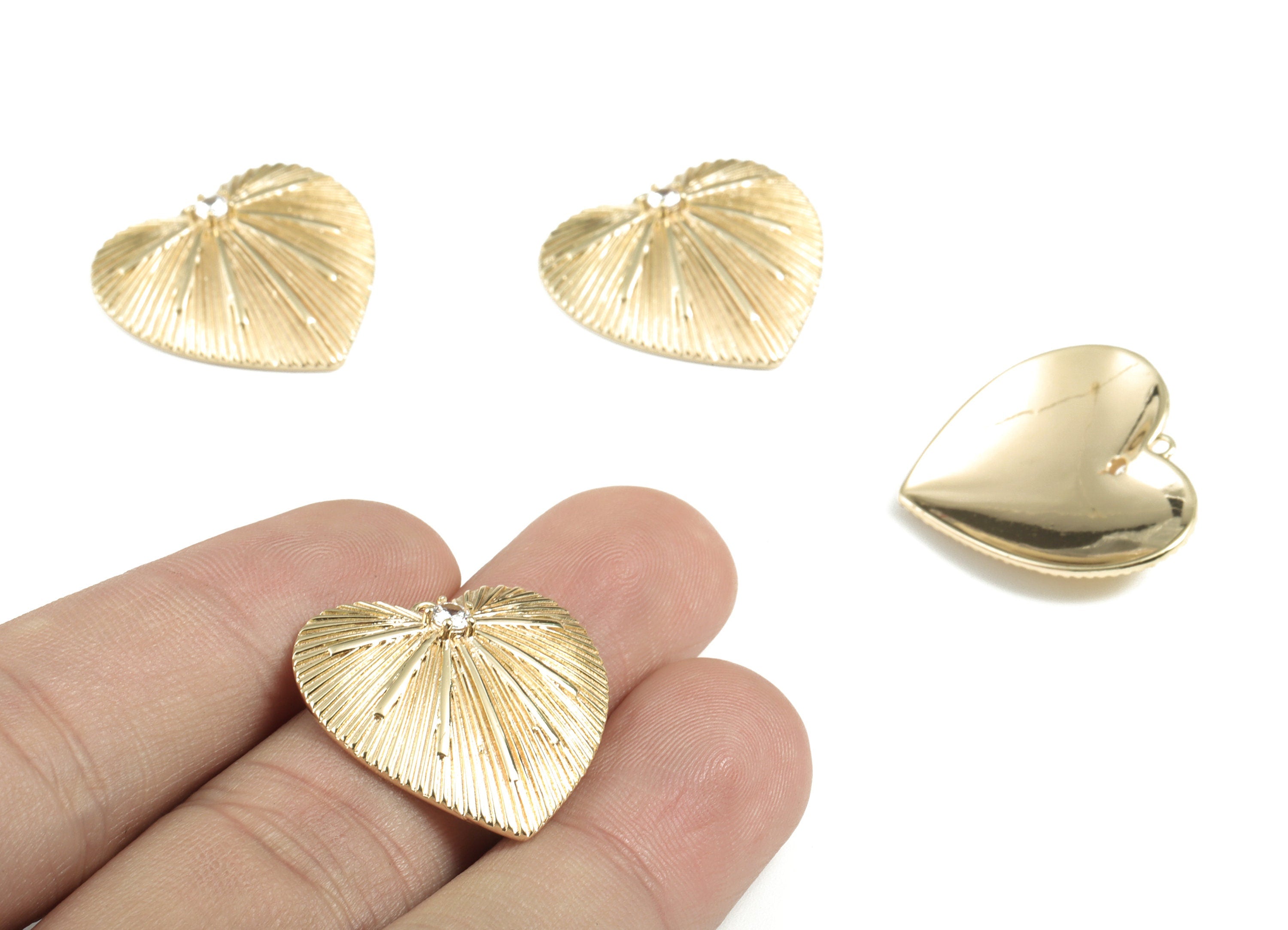 Brass Heart Earring Charms With Zircon - Gold Heart Pendant - 18K Real Gold Plated Brass - 24.55x23.07x4.64mm - RGP2772 - DOMEDBAZAAR