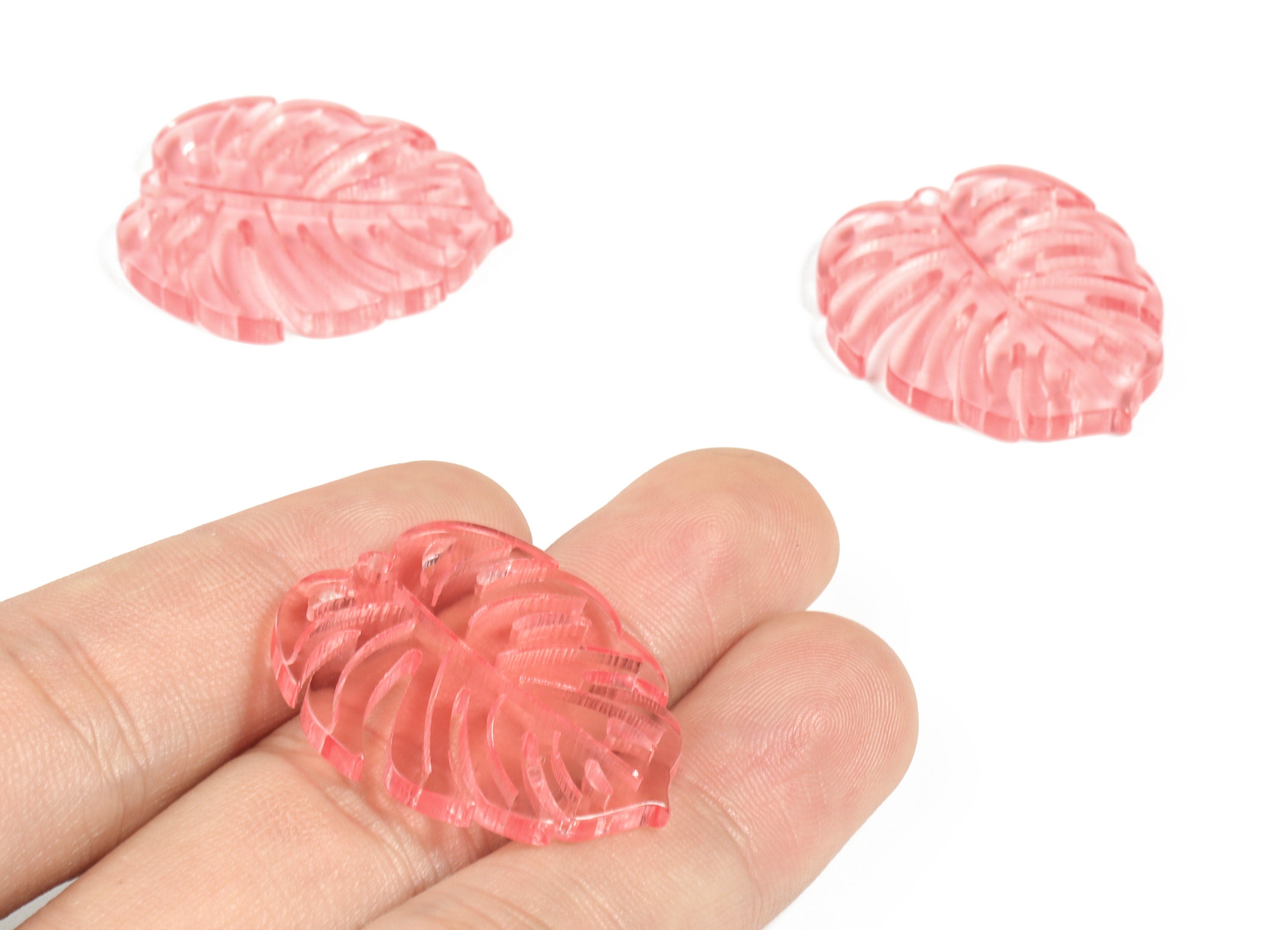Acrylic Leaf Earring Charms - Acrylic Pink Monstera Earrings - Jewelry Supplies - Color Code:A465 - 31.18x26.76x2.98mm - AC2176-A465 - DOMEDBAZAAR