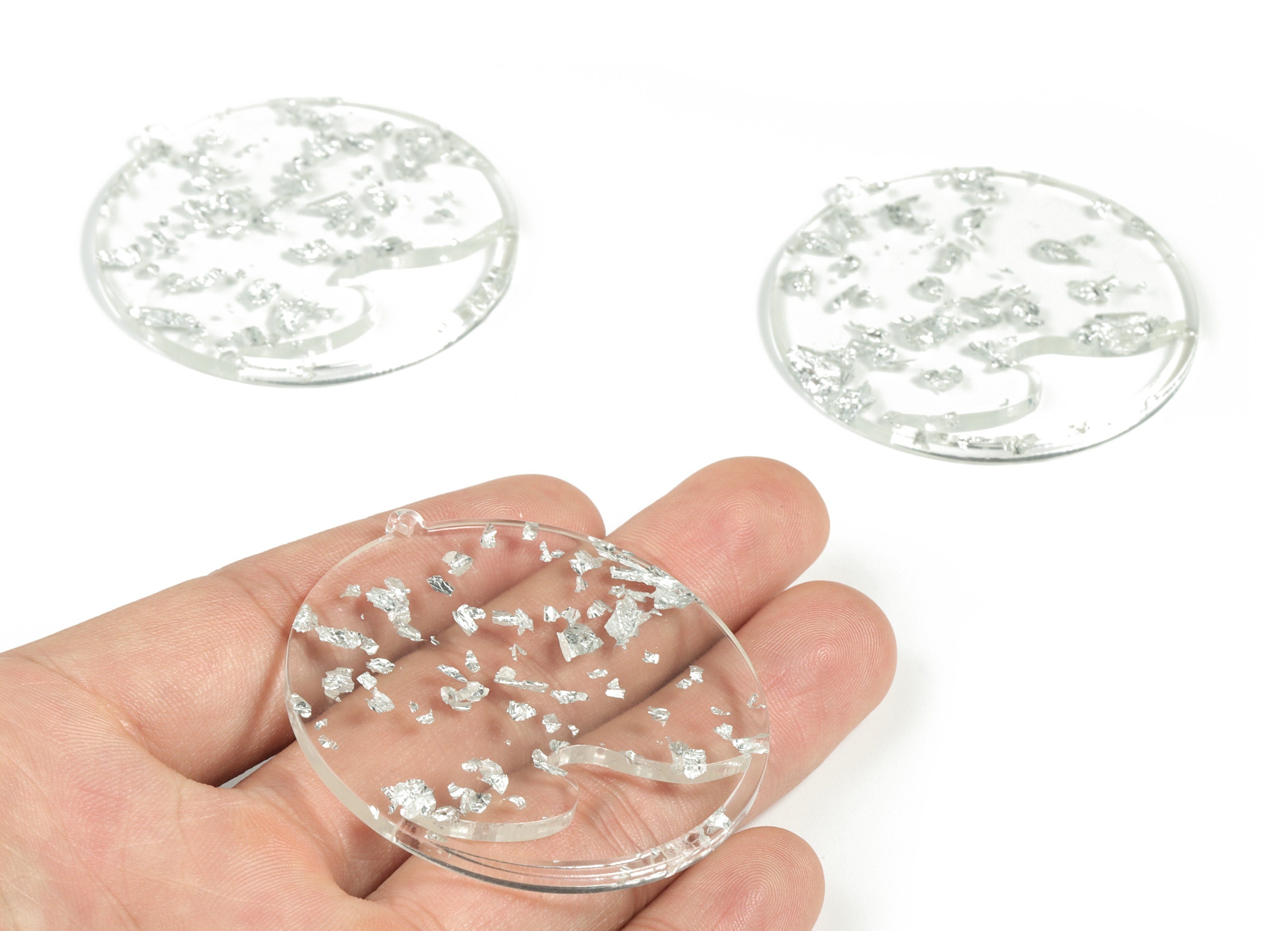 Acrylic Round Wave Earring Charms - Acrylic Circle Pendant - Silver Foil & Confetti - Color Code:A254 - 53.46x50.77x2.8mm - AC2194-A254 - DOMEDBAZAAR
