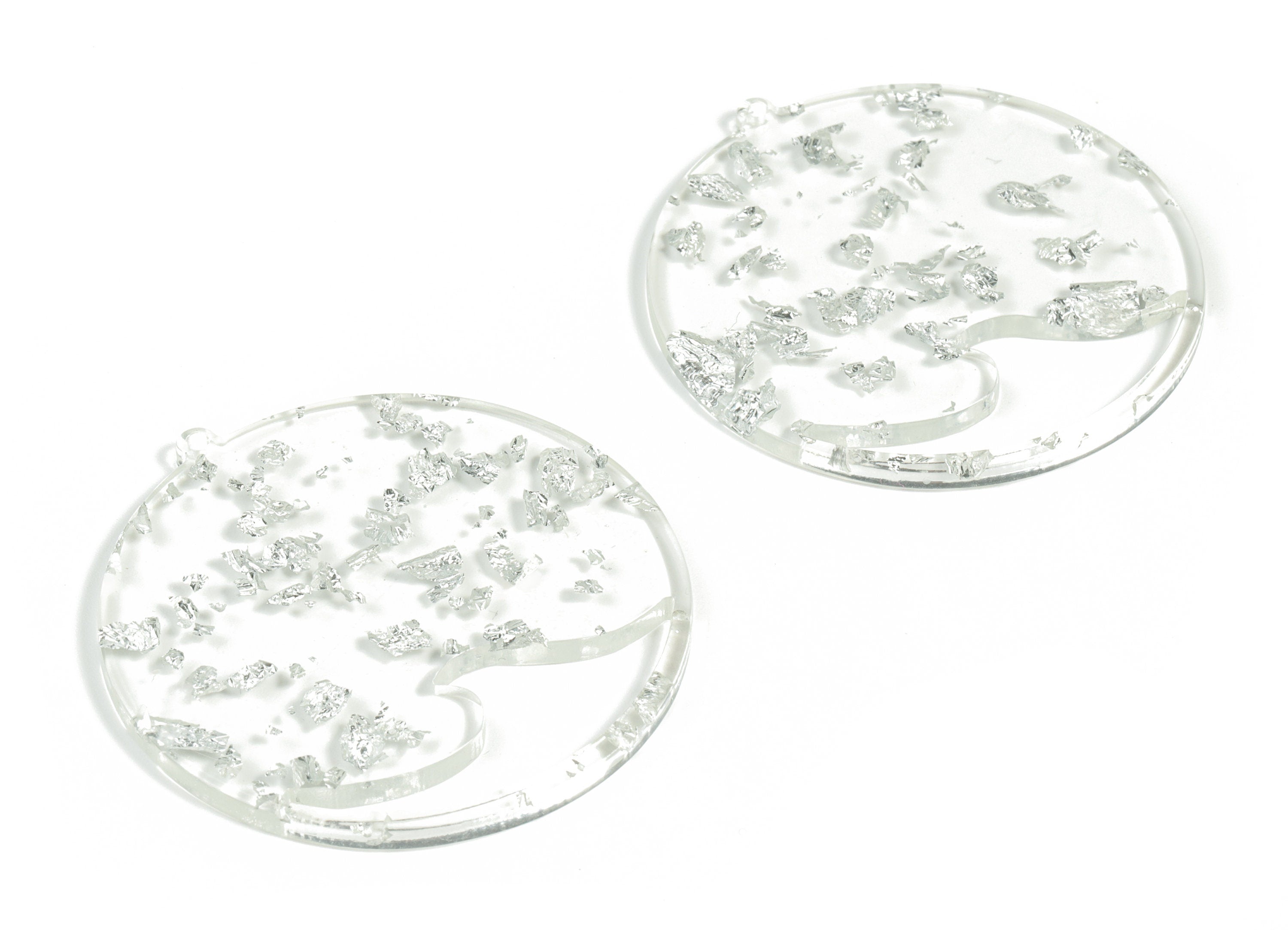 Acrylic Round Wave Earring Charms - Acrylic Circle Pendant - Silver Foil & Confetti - Color Code:A254 - 53.46x50.77x2.8mm - AC2194-A254 - DOMEDBAZAAR